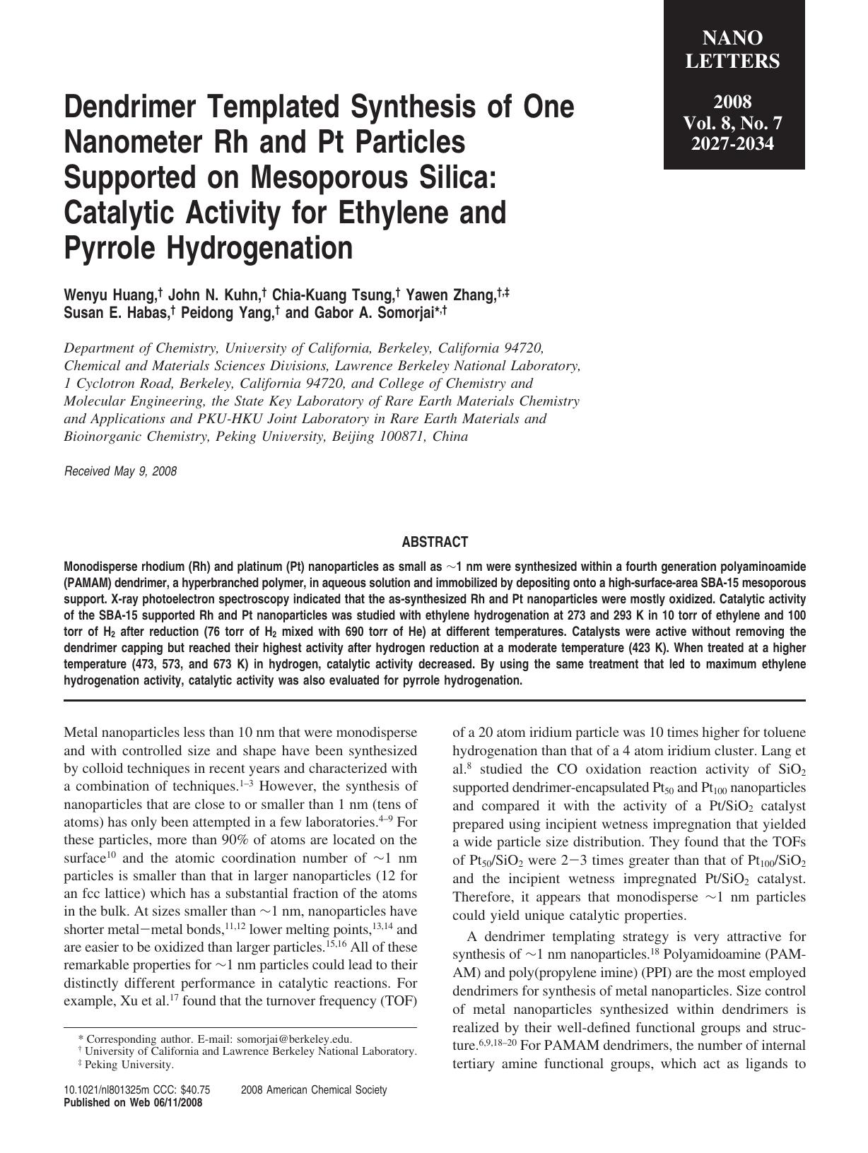 Dendrimer Templated Synthesis of One Nanometer Rh and Pt Particles Supported on Mesoporous Silica Catalytic Activity for Ethylene and Pyrrole Hydrogenation by Unknown