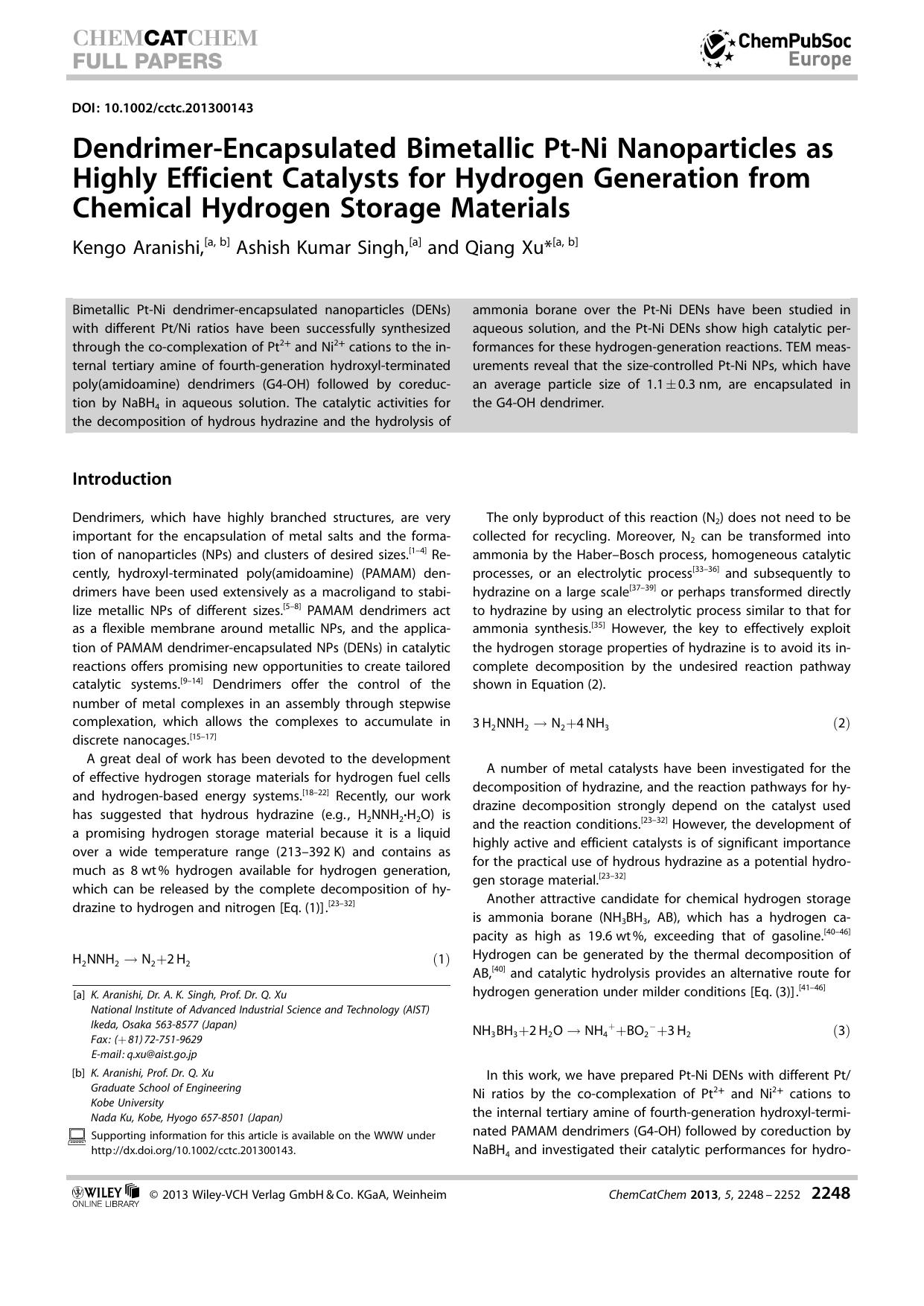 DendrimerEncapsulated Bimetallic PtNi Nanoparticles as Highly Efficient Catalysts for Hydrogen Generation from Chemical Hydrogen Storage Materials by Unknown