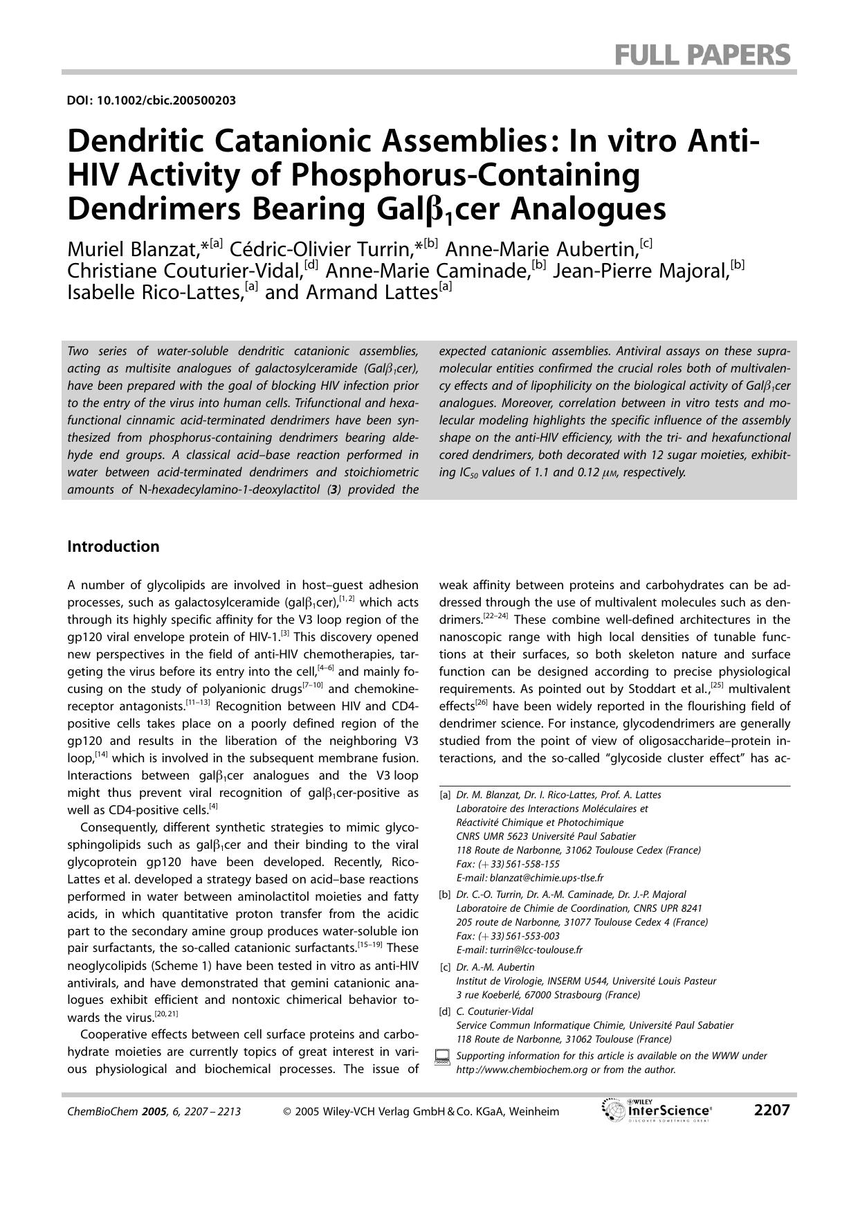 Dendritic Catanionic Assemblies: In vitro Anti-HIV Activity of Phosphorus-Containing Dendrimers Bearing Gal[beta]1cer Analogues by Unknown
