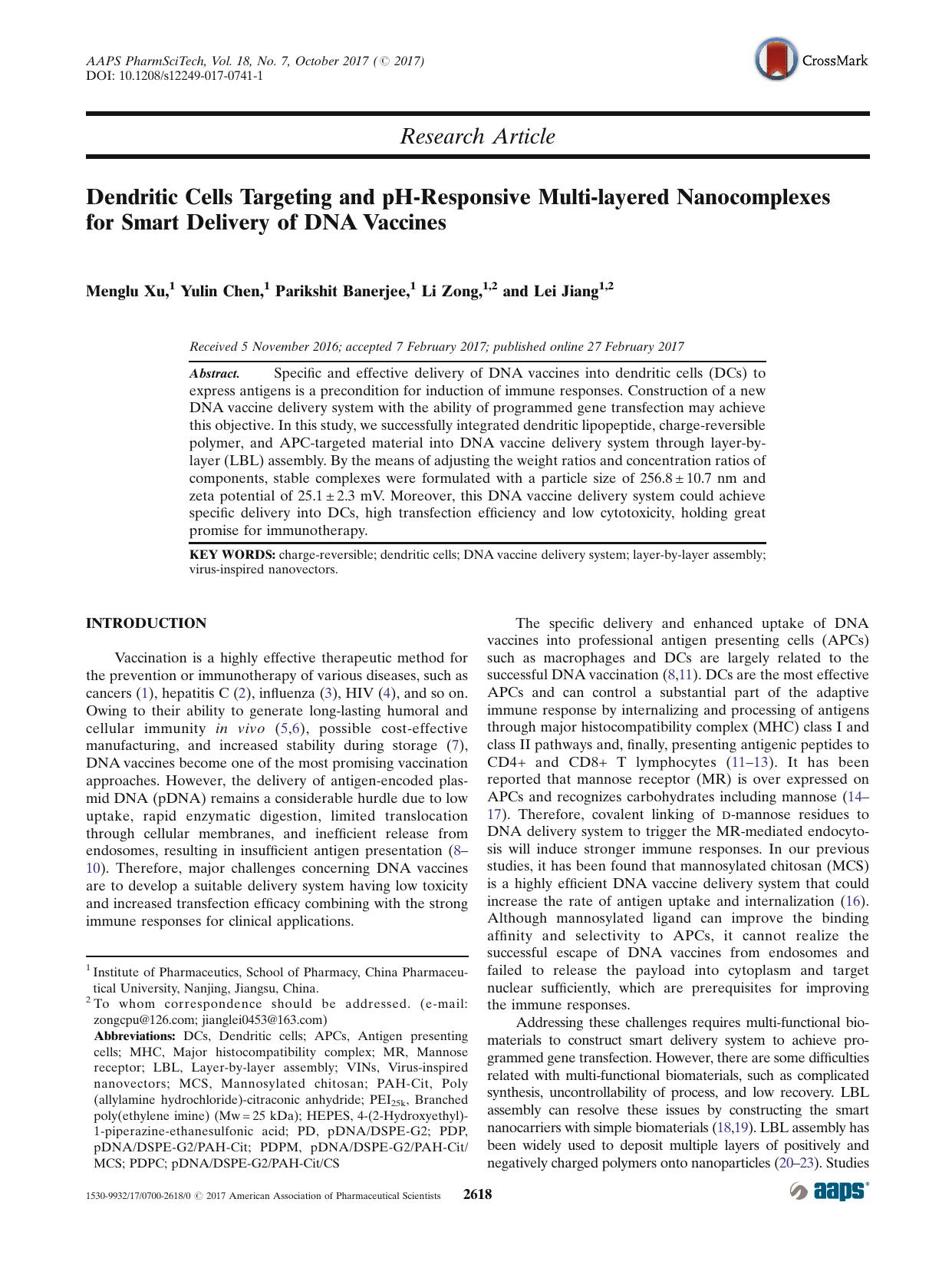 Dendritic Cells Targeting and pH-Responsive Multi-layered Nanocomplexes for Smart Delivery of DNA Vaccines by Menglu Xu & Yulin Chen & Parikshit Banerjee & Li Zong & Lei Jiang