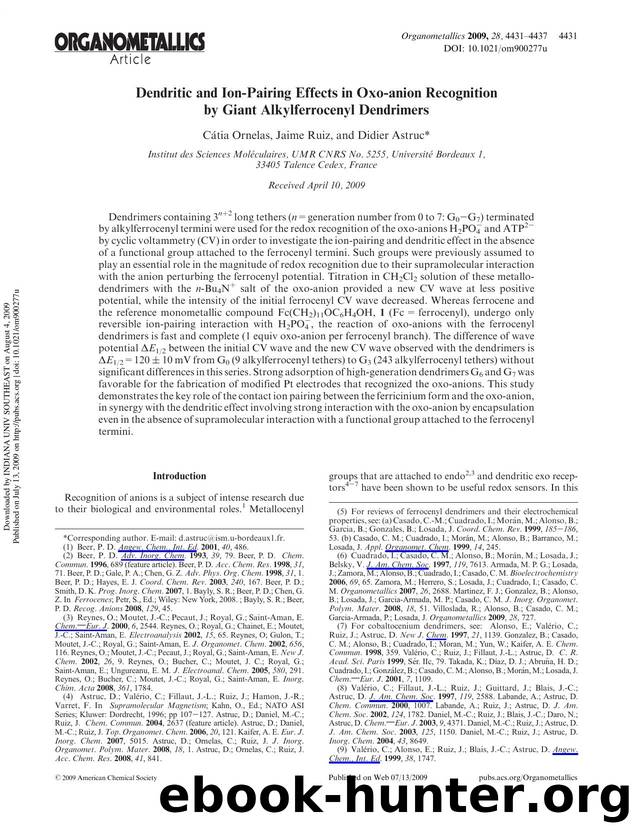 Dendritic and Ion-Pairing Effects in Oxo-anion Recognition by Giant Alkylferrocenyl Dendrimers by Cátia Ornelas Jaime Ruiz & Didier Astruc*