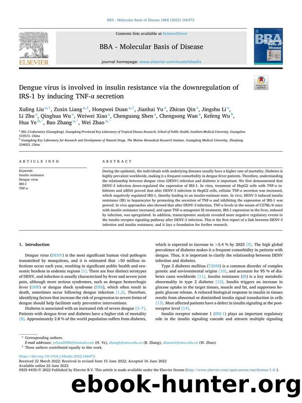 Dengue virus is involved in insulin resistance via the downregulation of IRS-1 by inducing TNF-Î± secretion by unknow