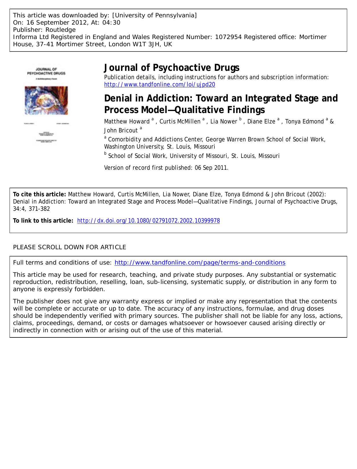 Denial in Addiction: Toward an Integrated Stage and Process ModelâQualitative Findings by unknow