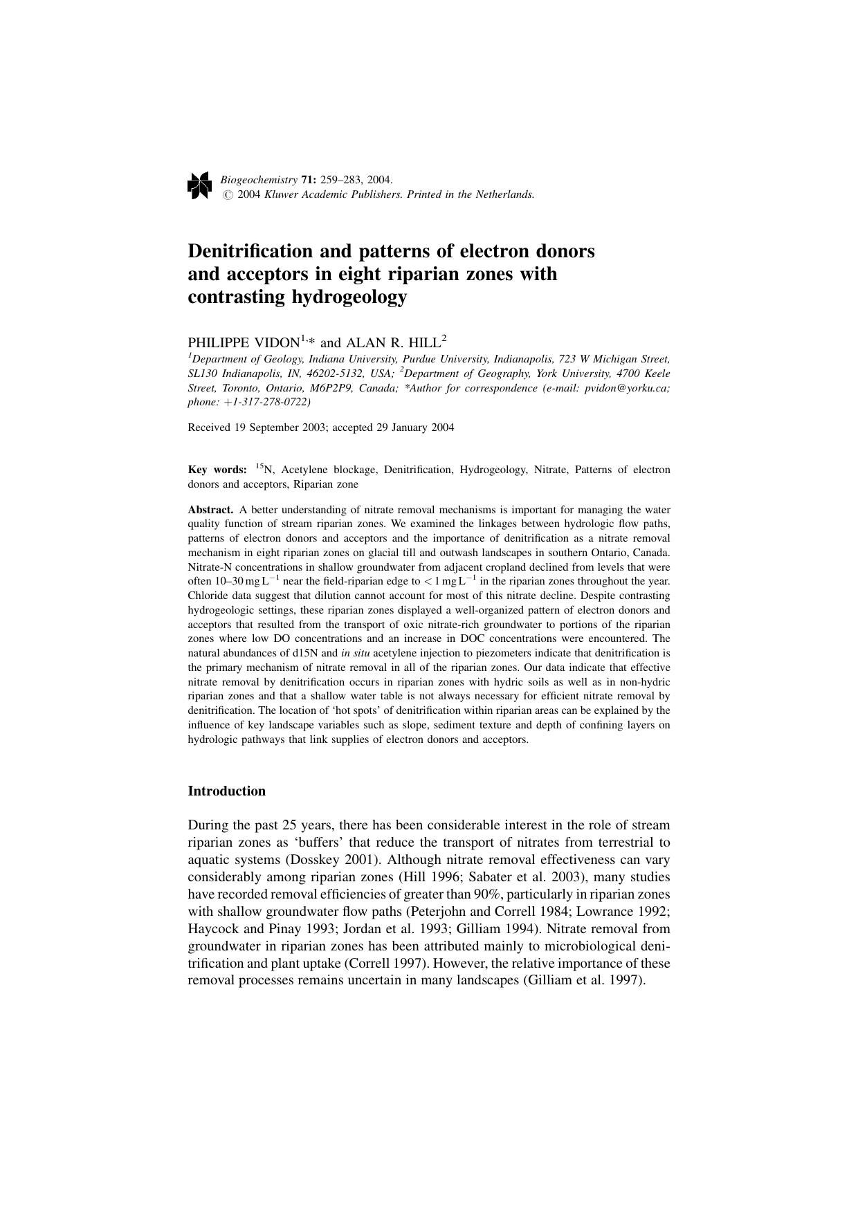 Denitrification and patterns of electron donors and acceptors in eight riparian zones with contrasting hydrogeology by Unknown