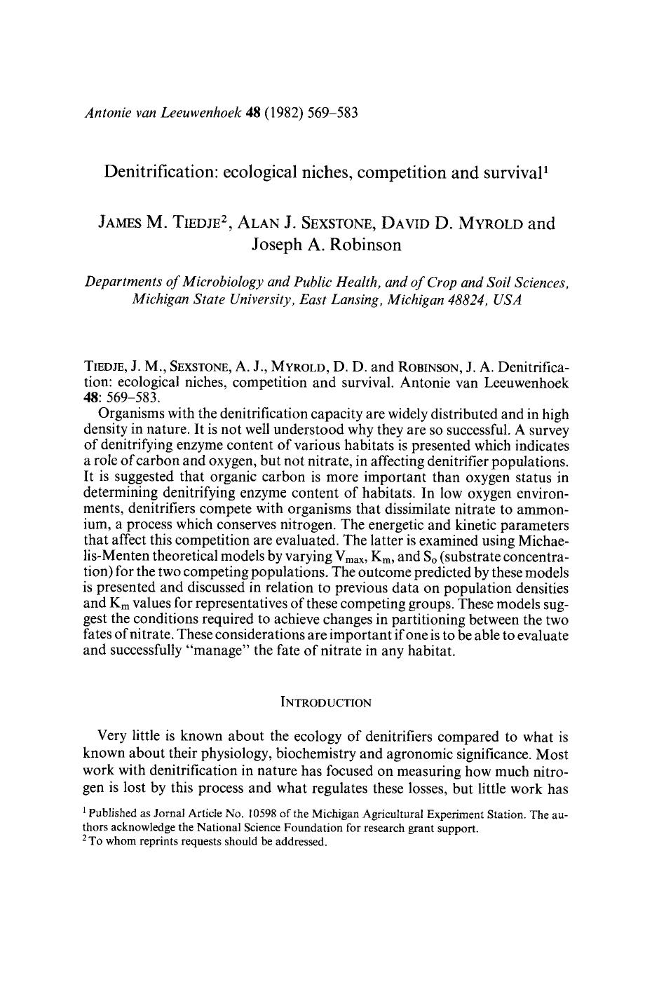 Denitrification: ecological niches, competition and survival by Unknown