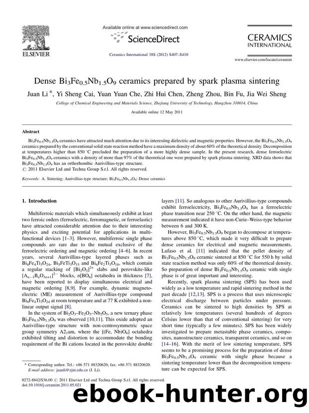 Dense Bi3Fe0.5Nb1.5O9 ceramics prepared by spark plasma sintering by Juan Li
