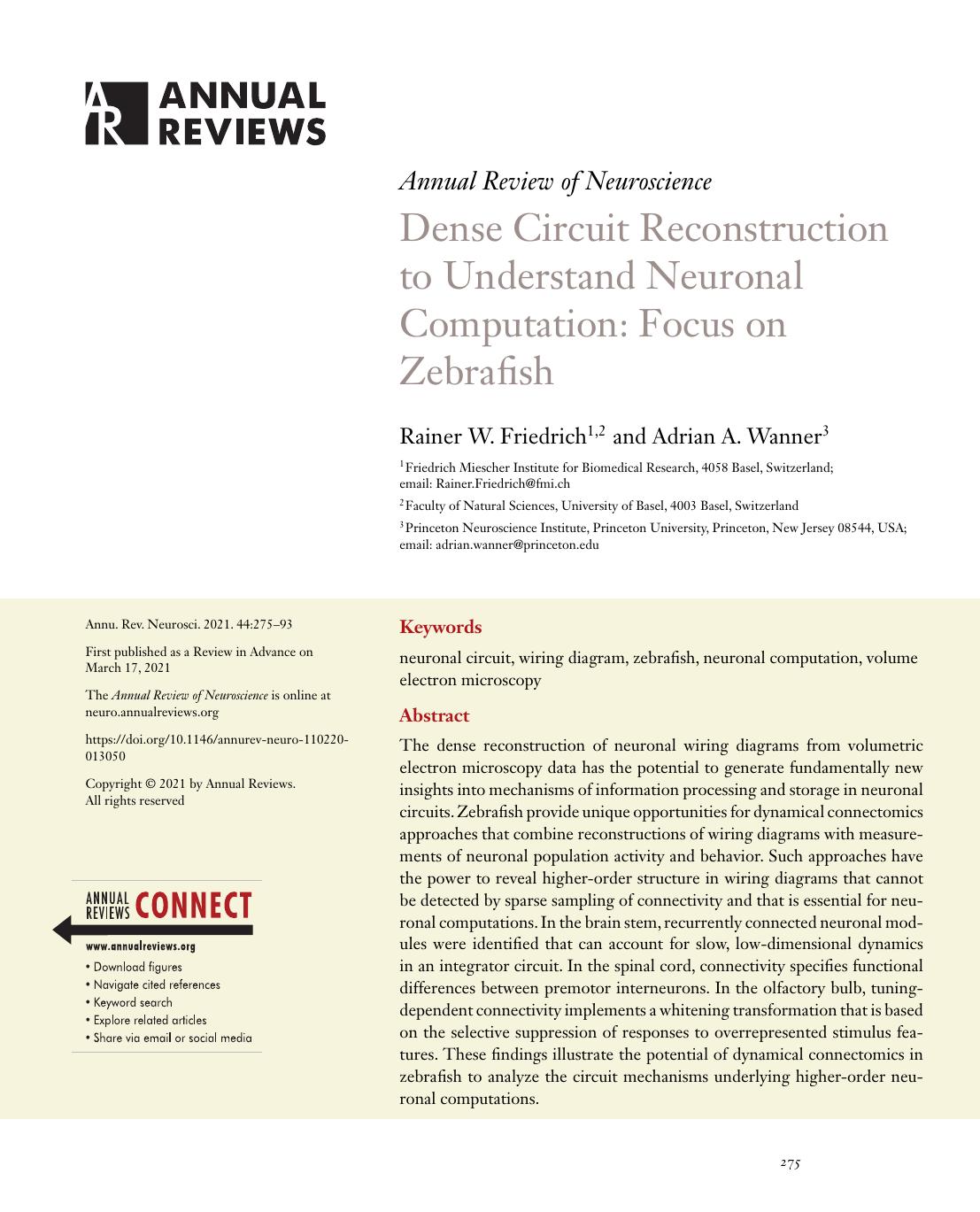 Dense Circuit Reconstruction to Understand Neuronal Computation: Focus on Zebrafish by Rainer W. Friedrich and Adrian A. Wanner
