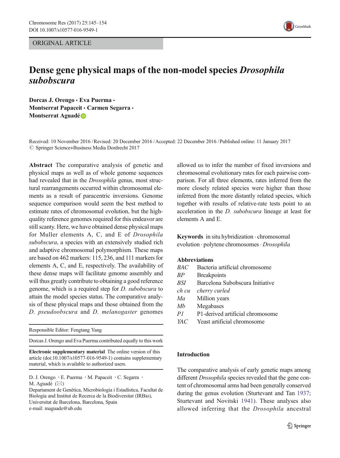 Dense gene physical maps of the non-model species Drosophila subobscura by Dorcas J. Orengo & Eva Puerma & Montserrat Papaceit & Carmen Segarra & Montserrat Aguadé