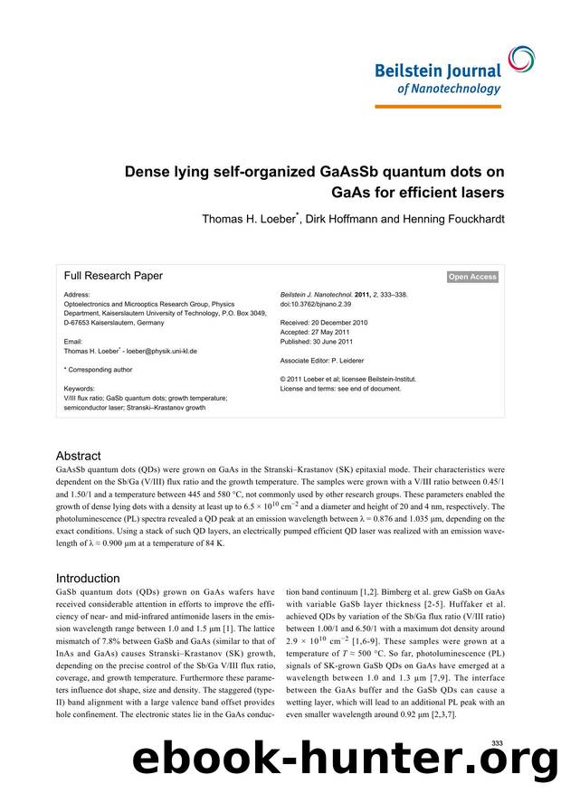 Dense lying self-organized GaAsSb quantum dots on GaAs for efficient lasers by Thomas H Loeber Dirk Hoffmann Henning Fouckhardt