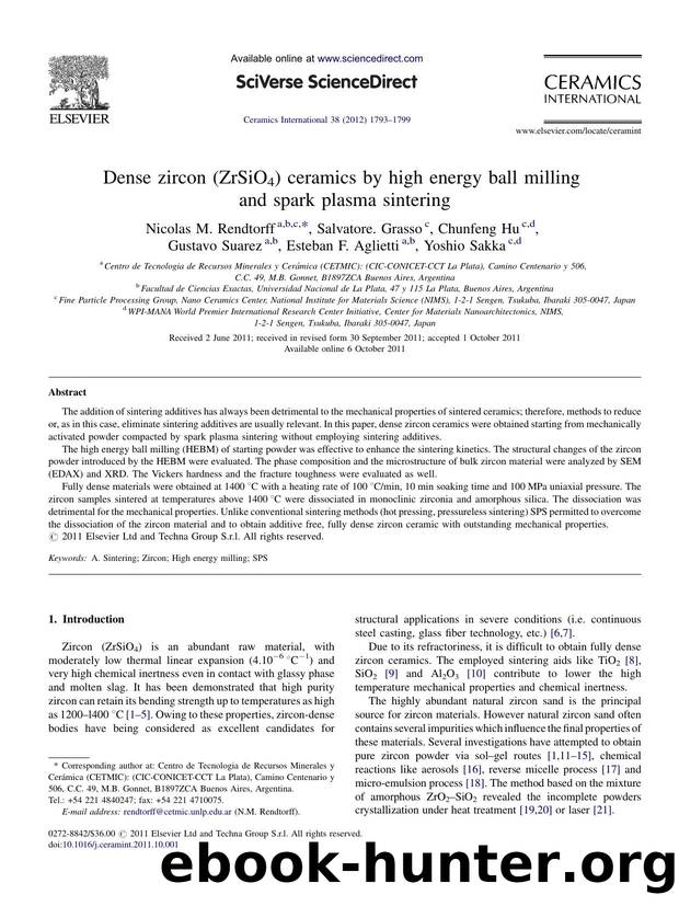 Dense zircon (ZrSiO4) ceramics by high energy ball milling and spark plasma sintering by Nicolas M. Rendtorff