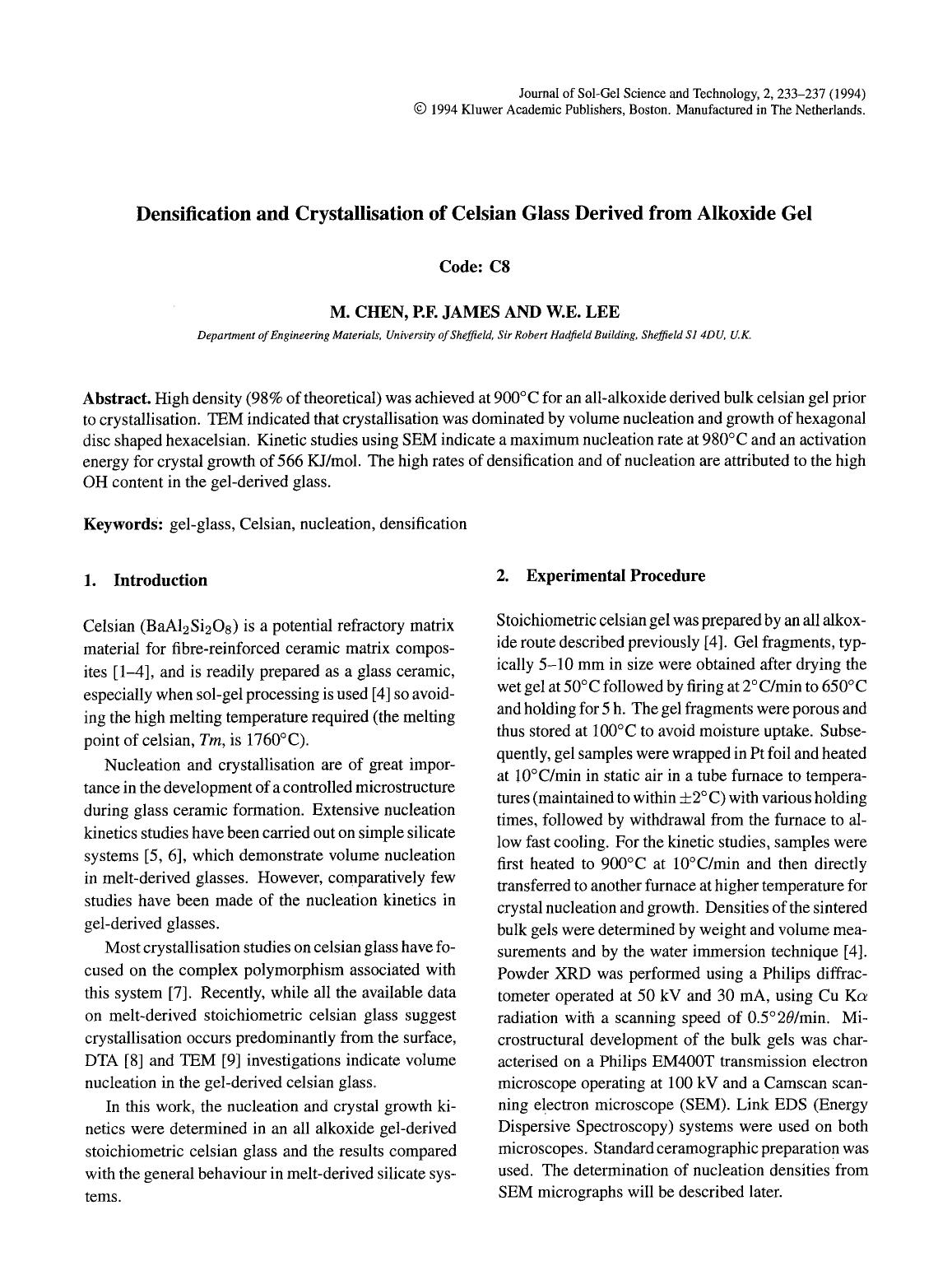 Densification and crystallisation of celsian glass derived from alkoxide gel by Unknown