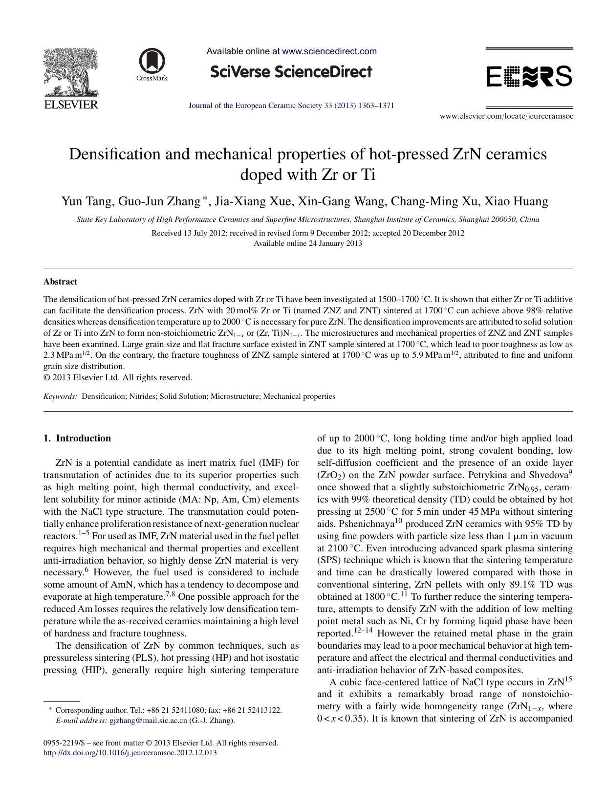 Densification and mechanical properties of hot-pressed ZrN ceramics doped with Zr or Ti by Yun Tang