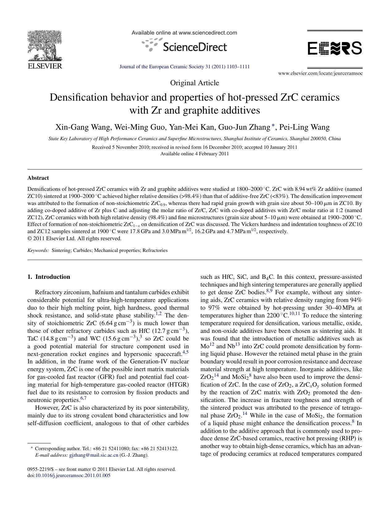 Densification behavior and properties of hot-pressed ZrC ceramics with Zr and graphite additives by Xin-Gang Wang