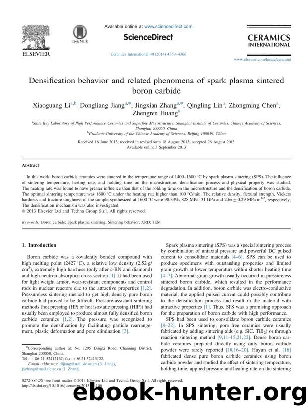 Densification behavior and related phenomena of spark plasma sintered boron carbide by Xiaoguang Li & Dongliang Jiang & Jingxian Zhang & Qingling Lin & Zhongming Chen & Zhengren Huang