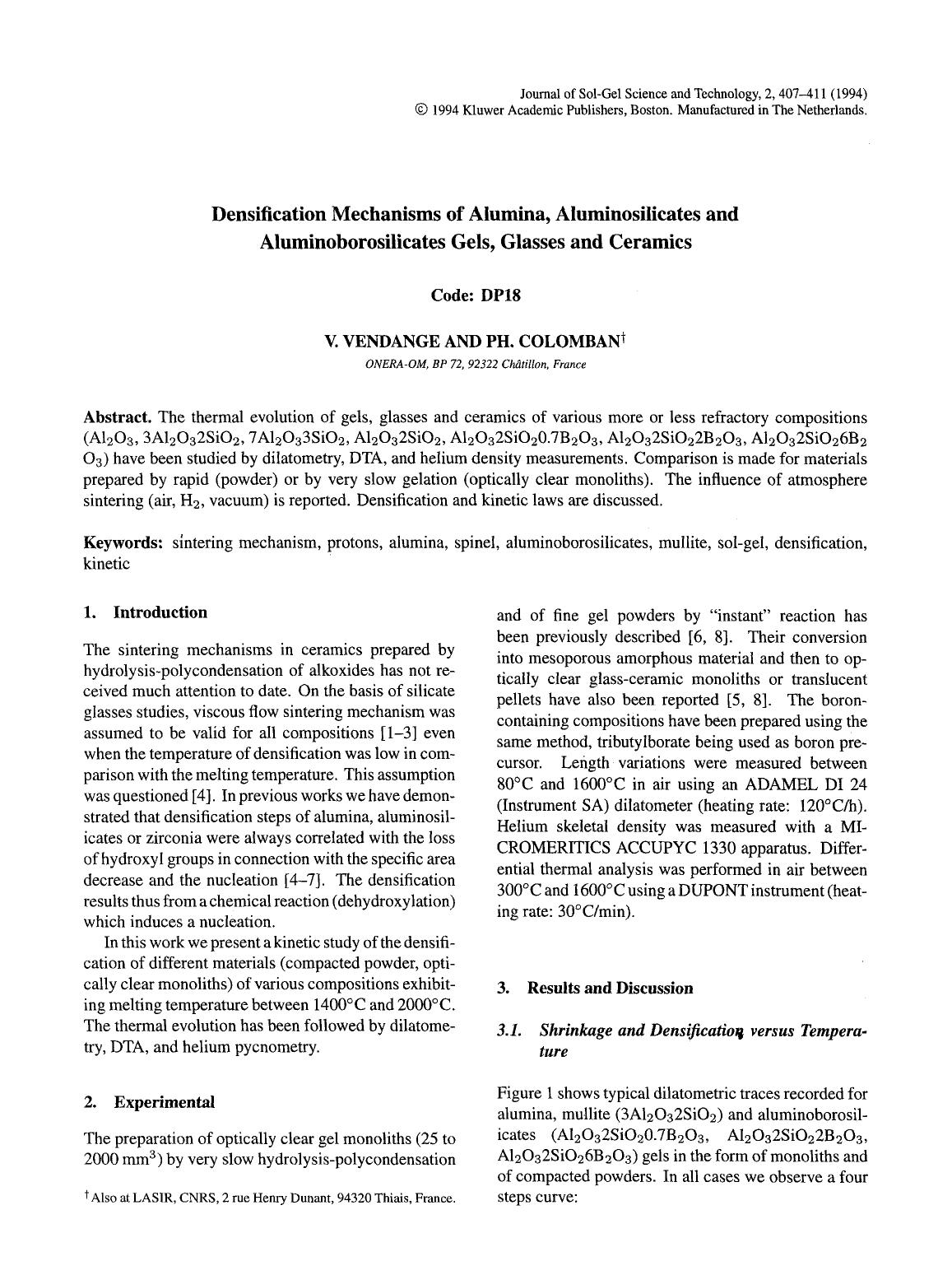 Densification mechanisms of alumina, aluminosilicates and aluminoborosilicates gels, glasses and ceramics by Unknown
