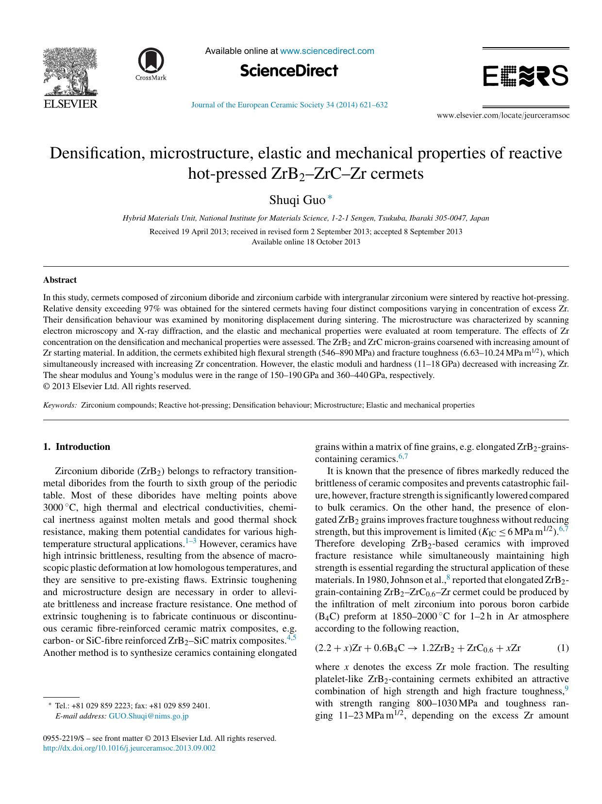 Densification, microstructure, elastic and mechanical properties of reactive hot-pressed ZrB2âZrCâZr cermets by Shuqi Guo