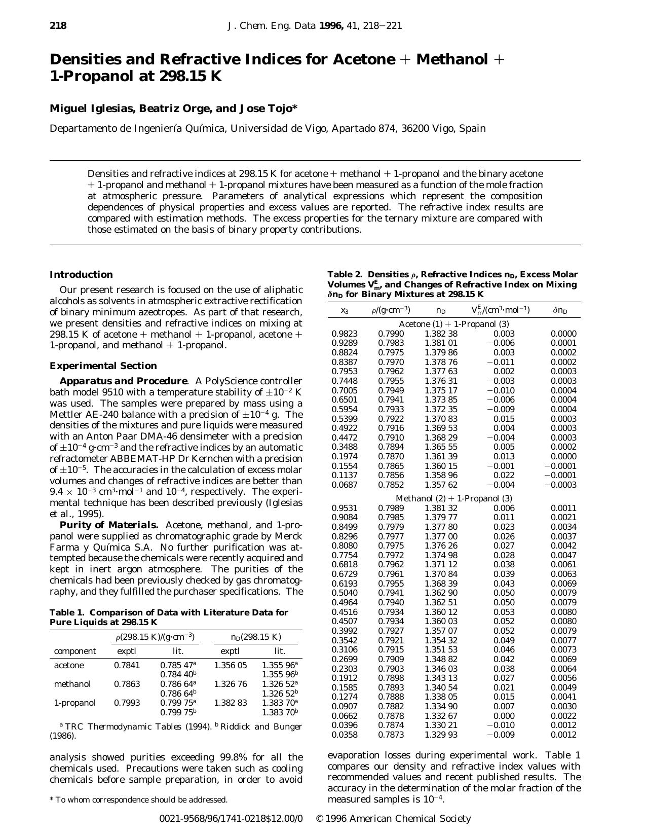 Densities and Refractive Indices for Acetone + Methanol + 1-Propanol at 298.15 K by Miguel Iglesias Beatriz Orge and Jose Tojo*