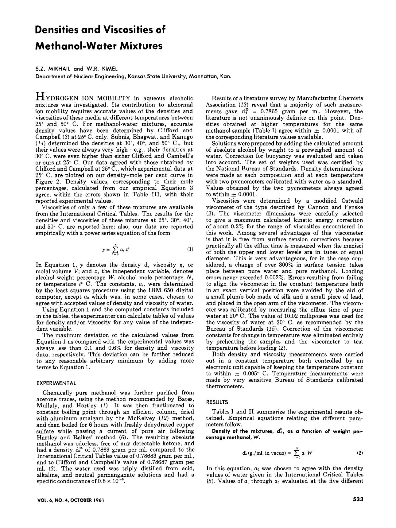 Densities and Viscosities of Methanol-Water Mixtures. by S. Z. Mikhail W. R. Kimel
