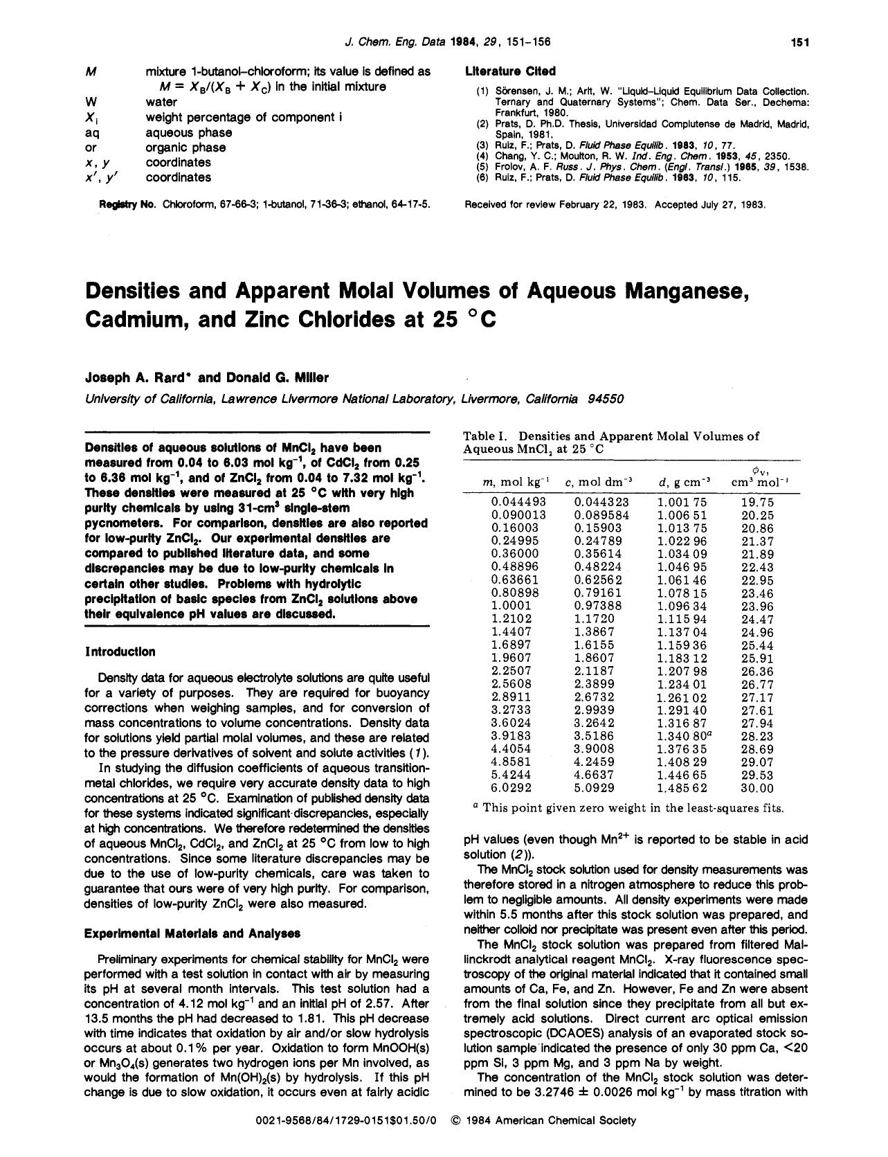Densities and apparent molal volumes of aqueous manganese, cadmium, and zinc chlorides at 25.degree.C by Joseph A. Rard Donald G. Miller