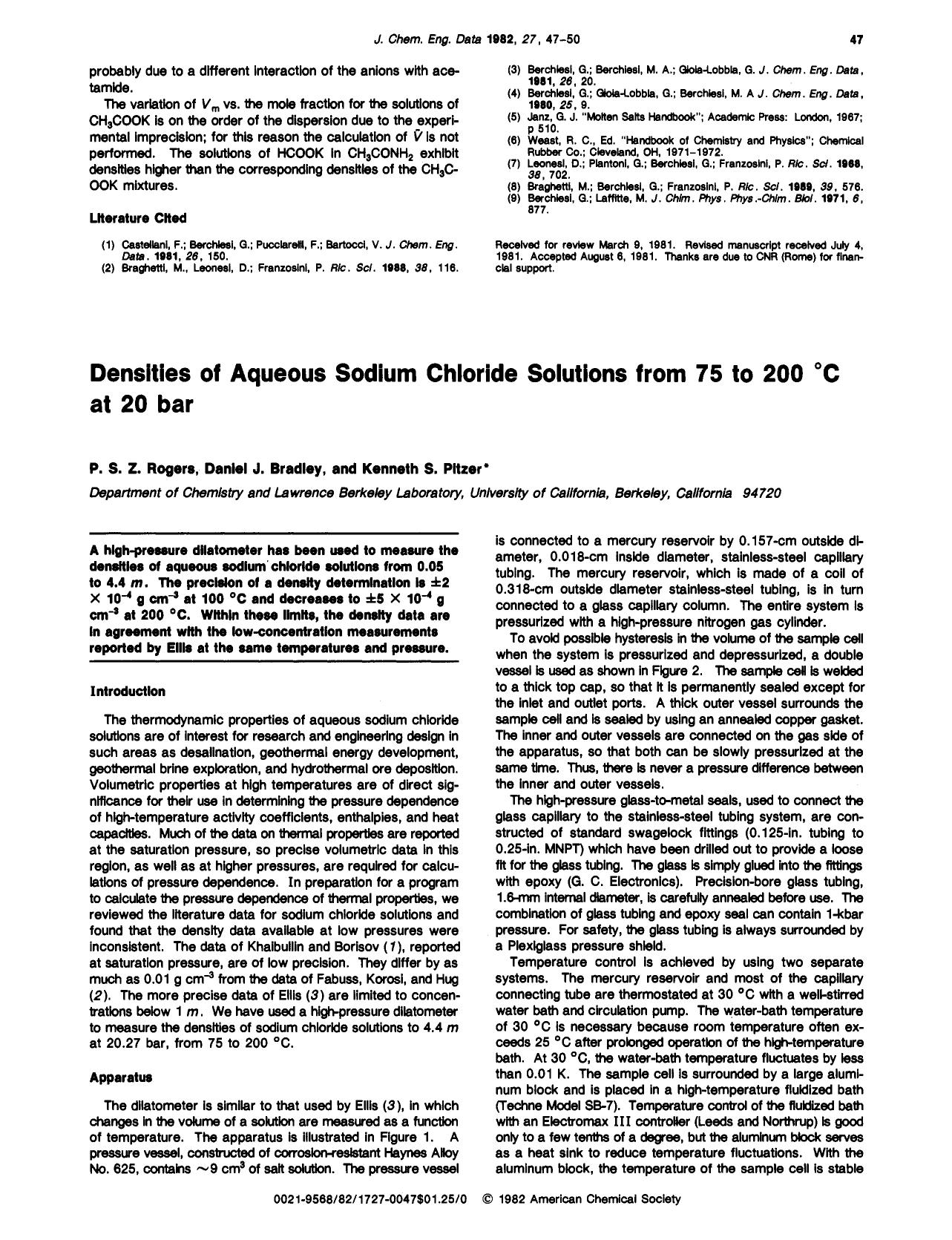 Densities of aqueous sodium chloride solutions from 75 to 200.degree.C at 20 bar by P. S. Z. Rogers Daniel J. Bradley Kenneth S. Pitzer