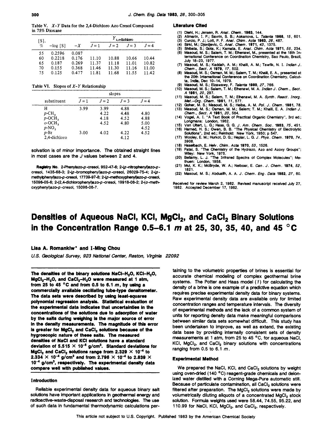 Densities of aqueous sodium chloride, potassium chloride, magnesium chloride, and calcium chloride binary solutions in the concentration range 0.5-6.1 m at 25, 30, 35, 40, and 45.degree.C by Lisa A. Romankiw I Ming Chou