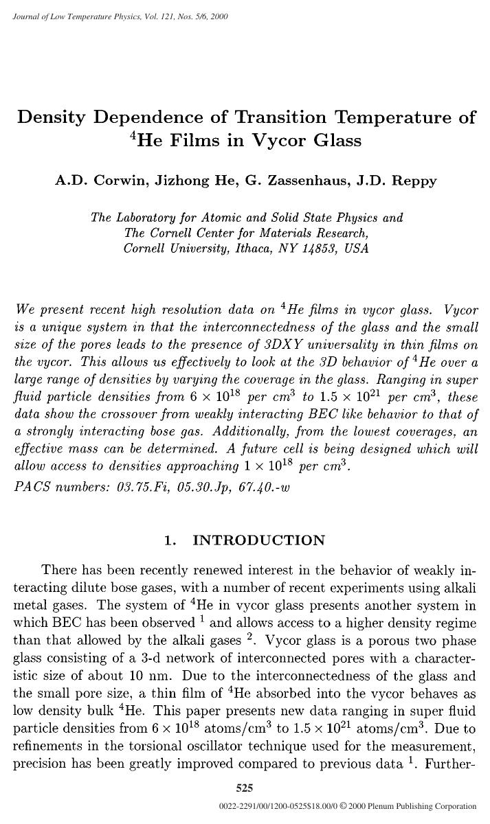 Density Dependence of Transition Temperature of 4He Films in Vycor Glass by Unknown