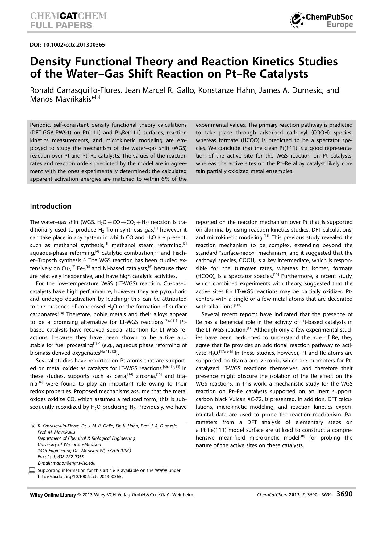 Density Functional Theory and Reaction Kinetics Studies of the WaterGas Shift Reaction on PtRe Catalysts by Unknown