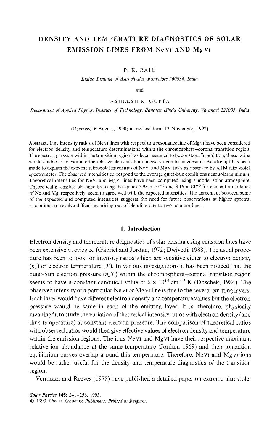 Density and temperature diagnostics of solar emission lines from Ne <Emphasis Type="SmallCaps">VI <Emphasis> and Mg <Emphasis Type="SmallCaps">VI <Emphasis> by Unknown