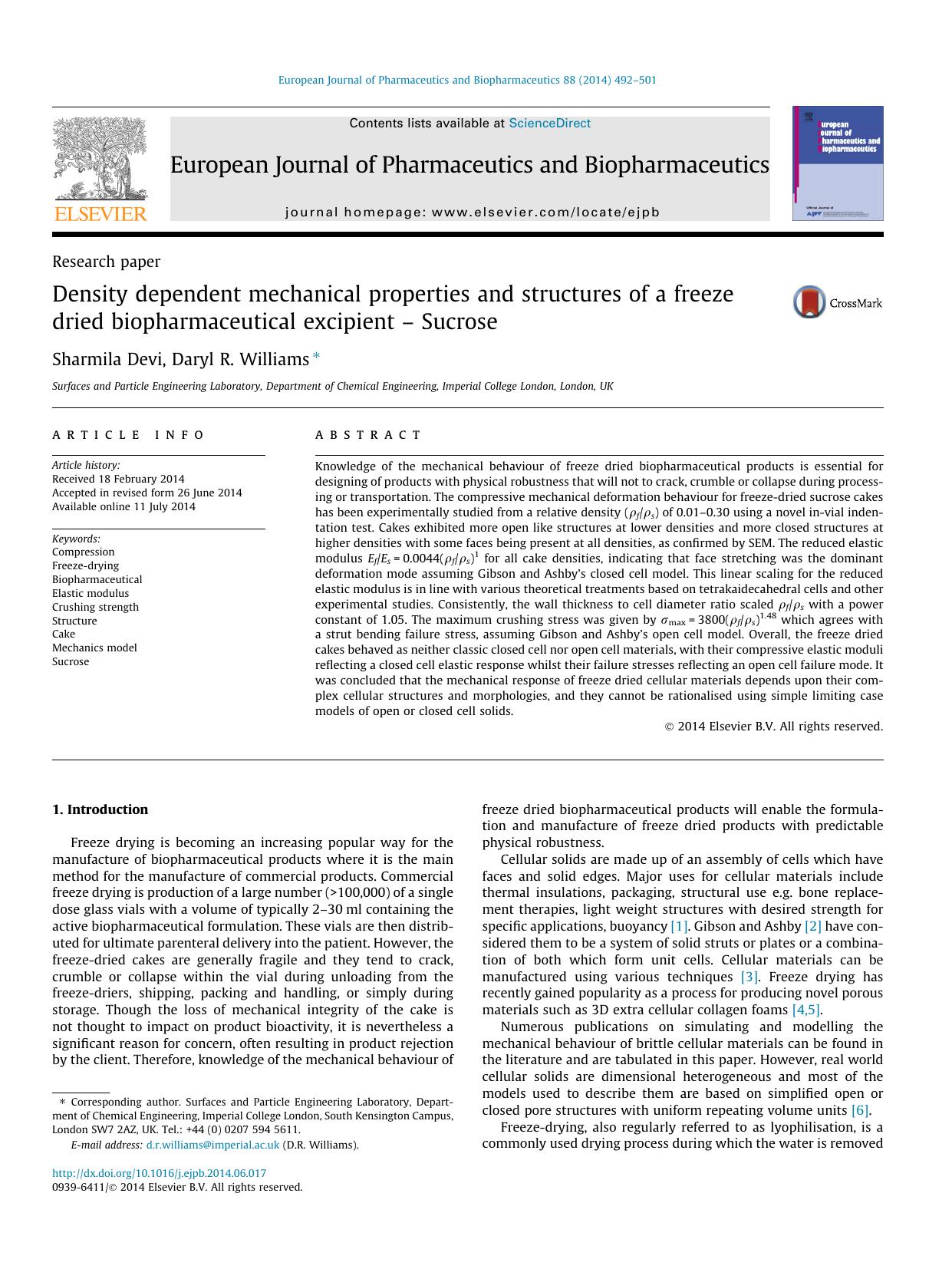 Density dependent mechanical properties and structures of a freeze dried biopharmaceutical excipient Ã¢â¬â Sucrose by Sharmila Devi & Daryl R. Williams