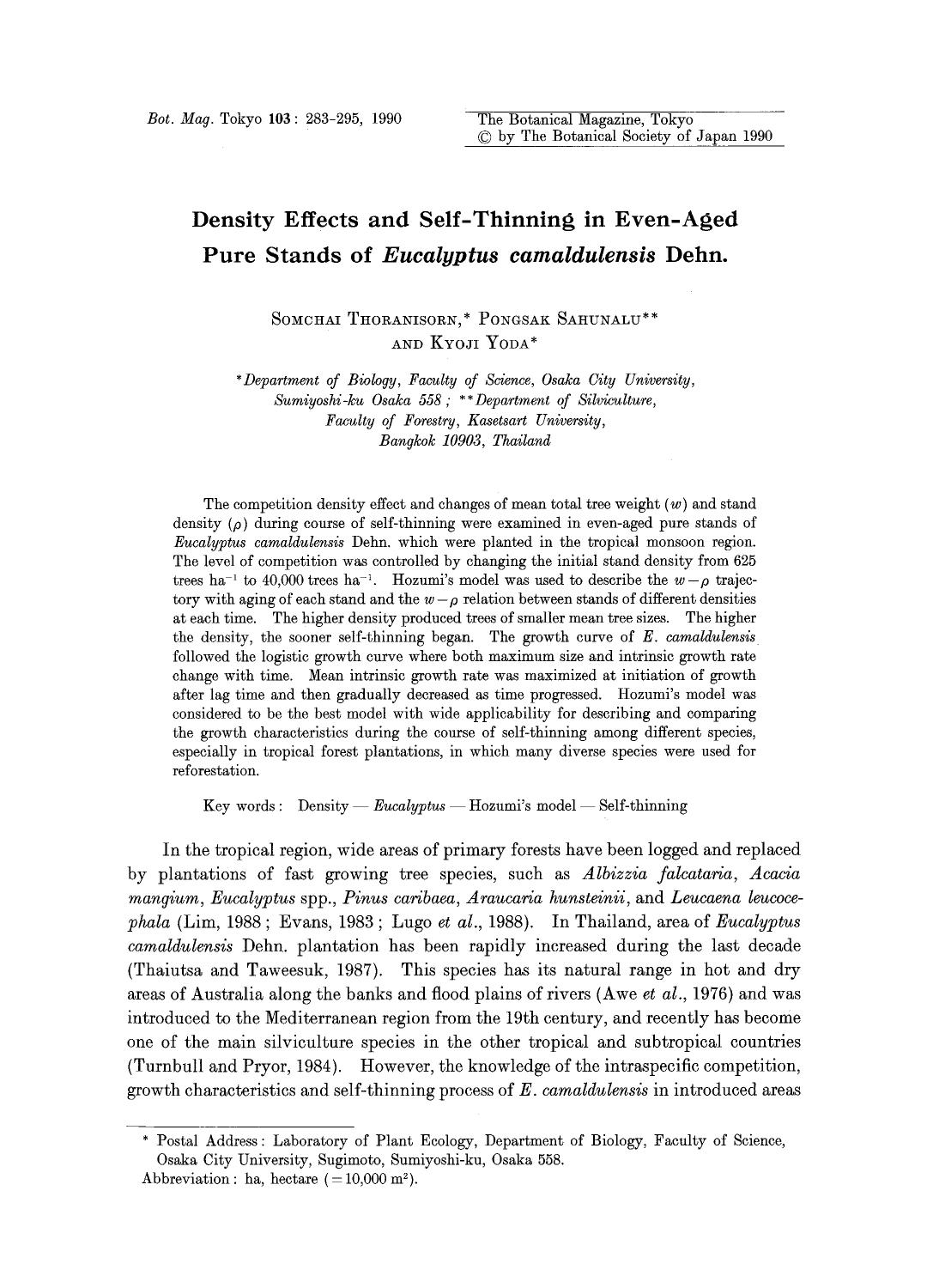 Density effects and self-thinning in even-aged pure stands of <Emphasis Type="Italic">Eucalyptus camaldulensis <Emphasis> Dehn by Unknown