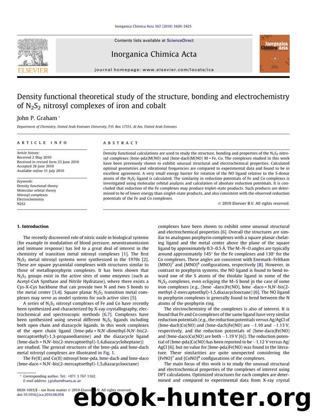 Density functional theoretical study of the structure, bonding and electrochemistry of N2S2 nitrosyl complexes of iron and cobalt by John P. Graham