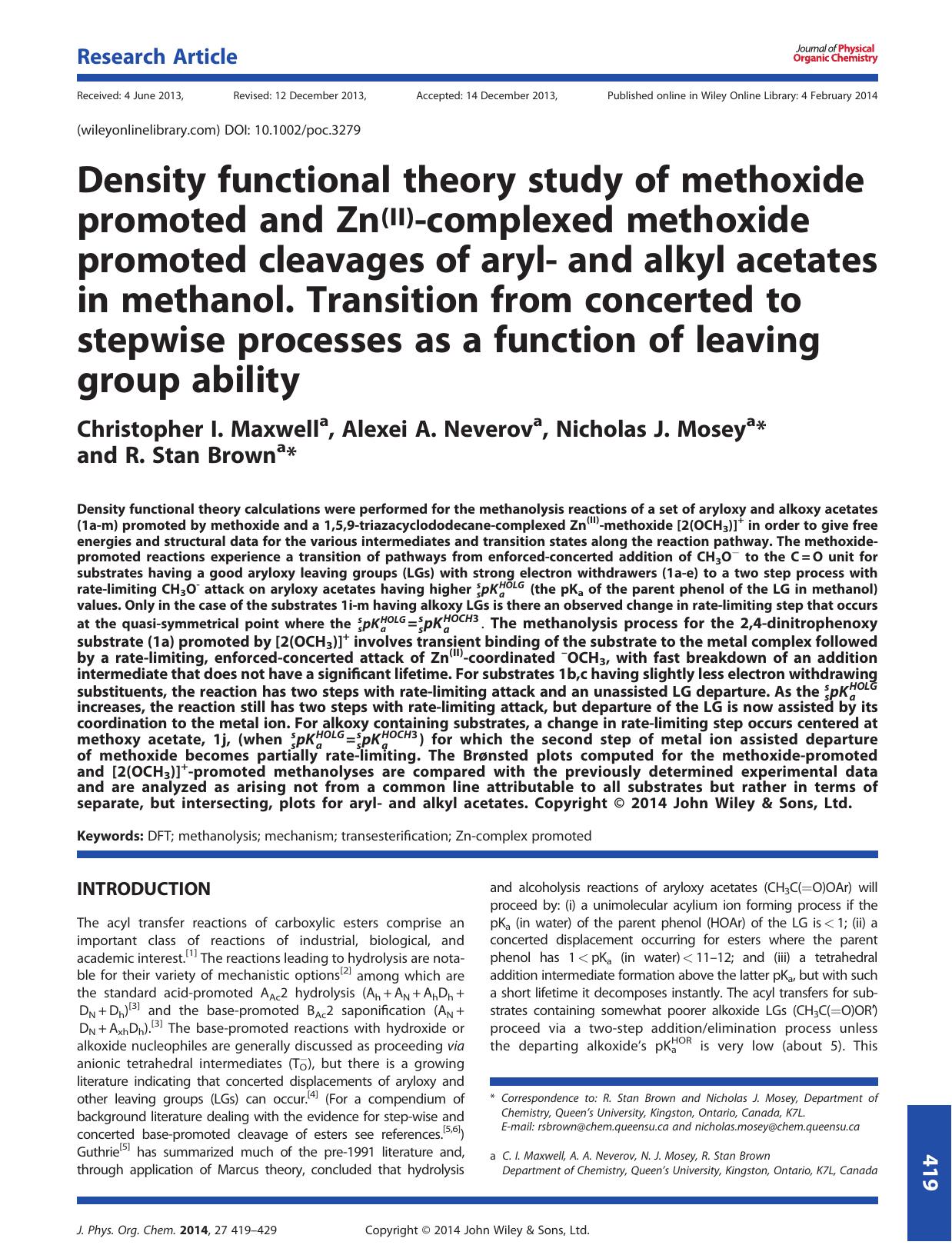 Density functional theory study of methoxide promoted and Zn(II)-complexed methoxide promoted cleavages of aryl- and alkyl acetates in methanol. Transition from concerted to stepwi by Unknown