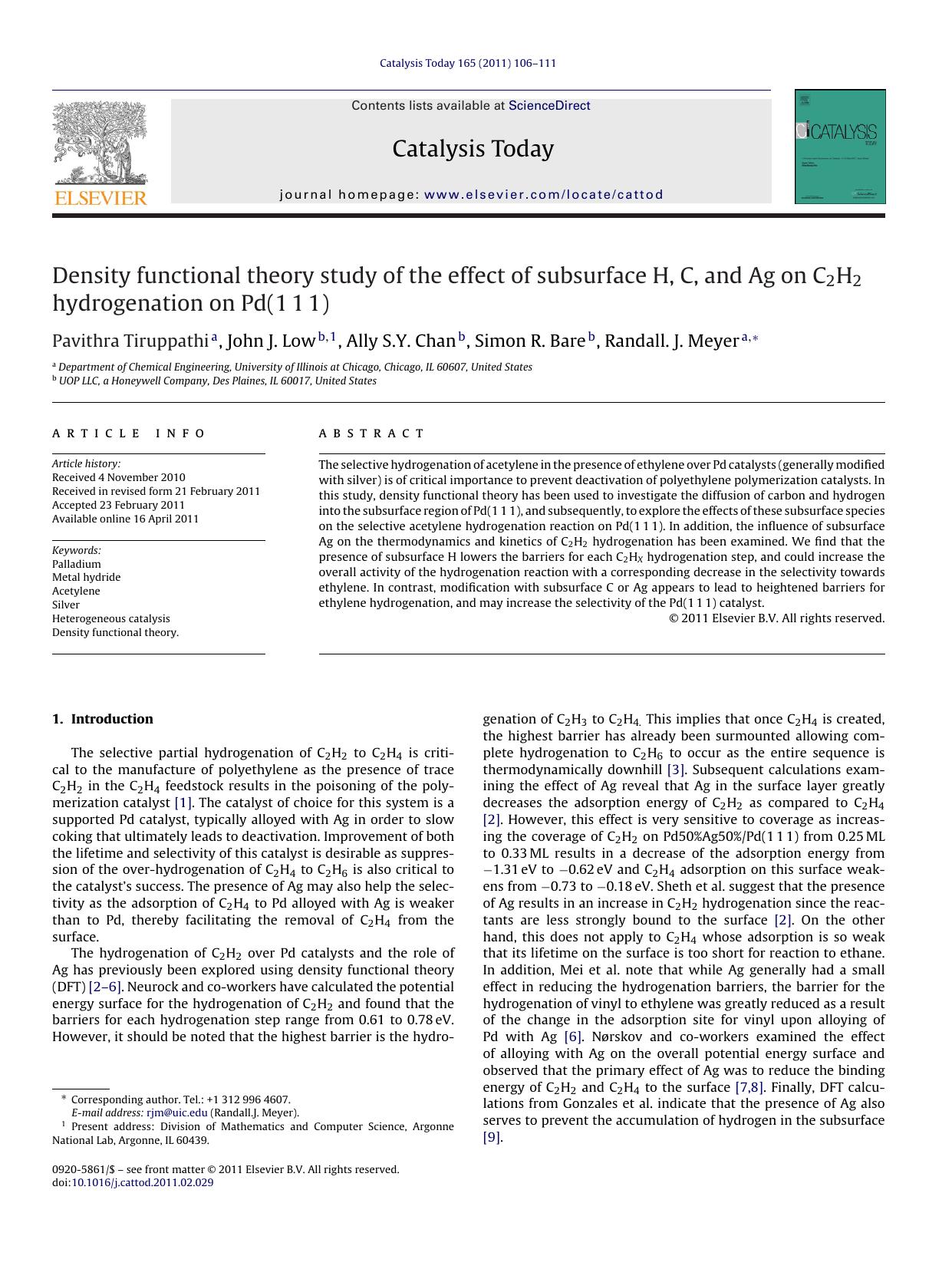 Density functional theory study of the effect of subsurface H, C, and Ag on C2H2 hydrogenation on Pd(111) by Pavithra Tiruppathi