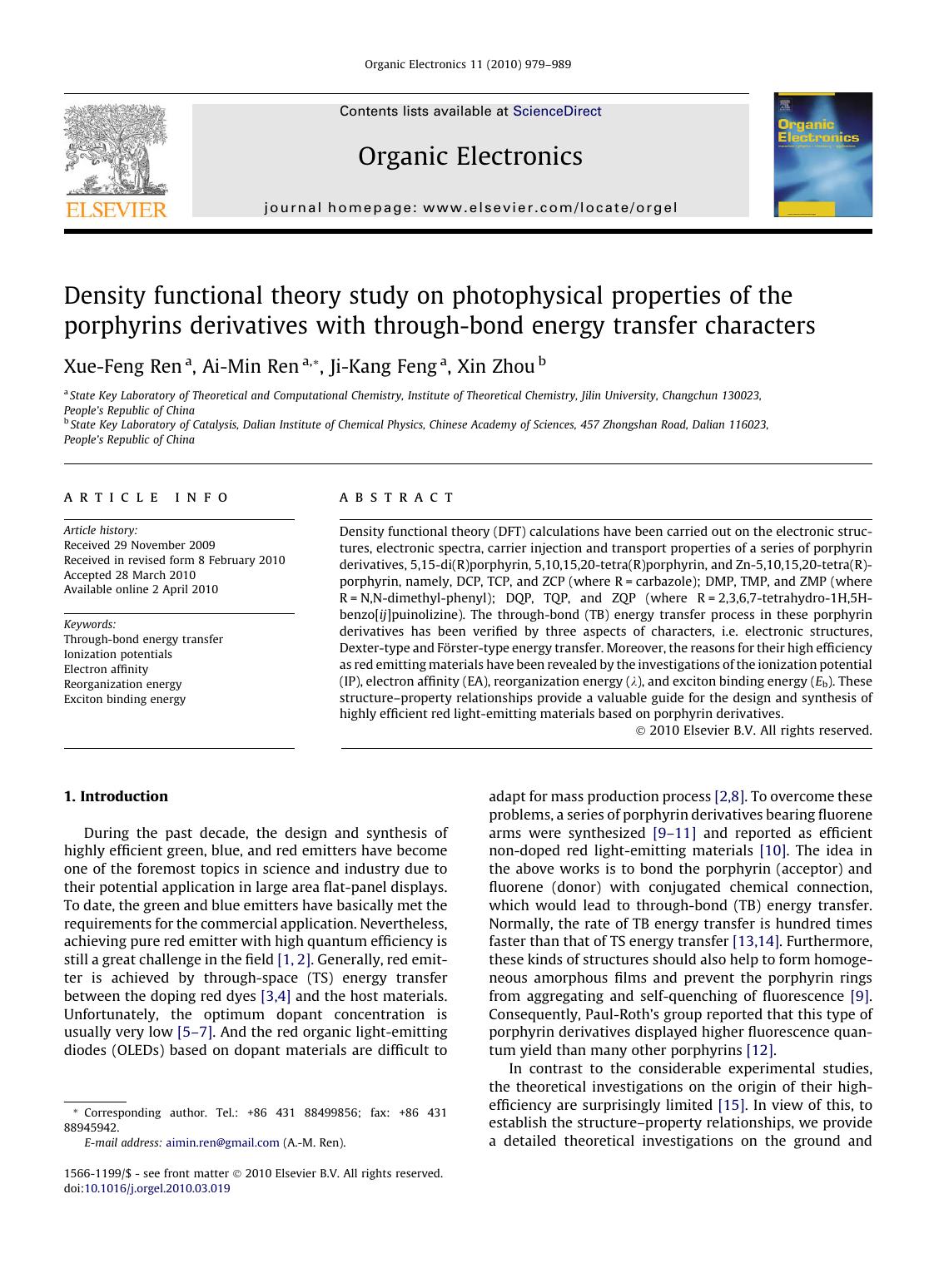 Density functional theory study on photophysical properties of the porphyrins derivatives with through-bond energy transfer characters by Xue-Feng Ren; Ai-Min Ren; Ji-Kang Feng; Xin Zhou