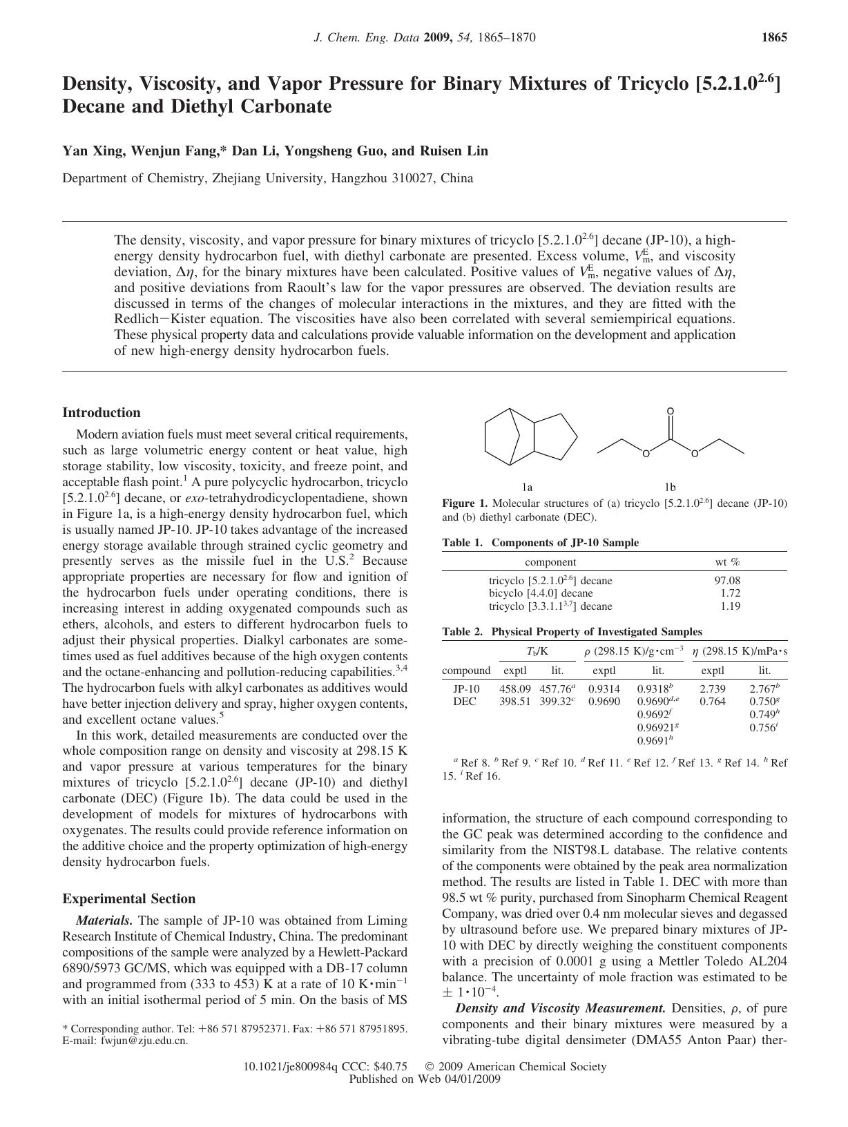 Density, Viscosity, and Vapor Pressure for Binary Mixtures of Tricyclo [5.2.1.02.6] Decane and Diethyl Carbonate by unknow