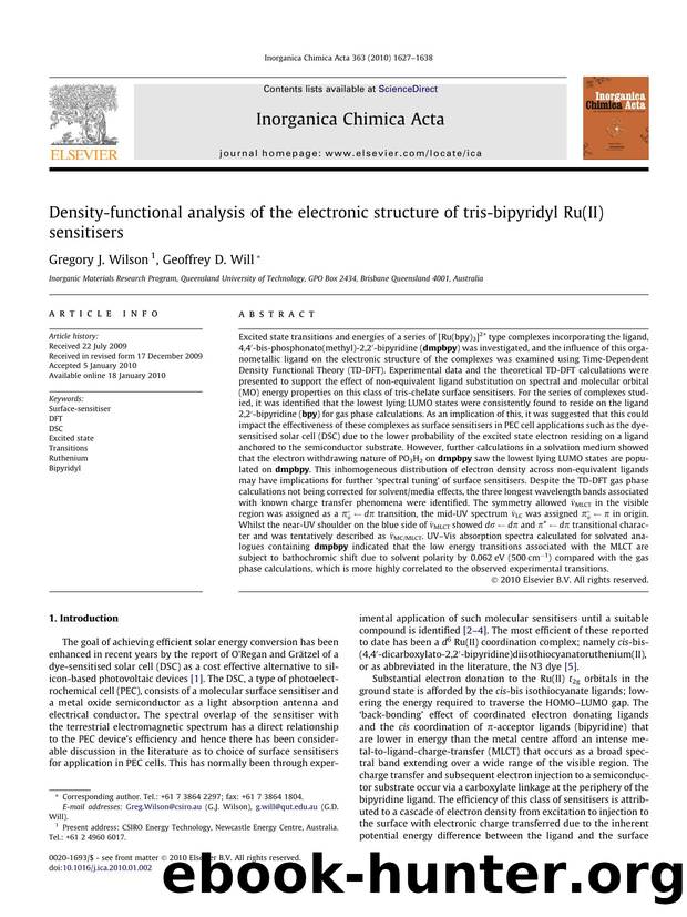 Density-functional analysis of the electronic structure of tris-bipyridyl Ru(II) sensitisers by Gregory J. Wilson; Geoffrey D. Will