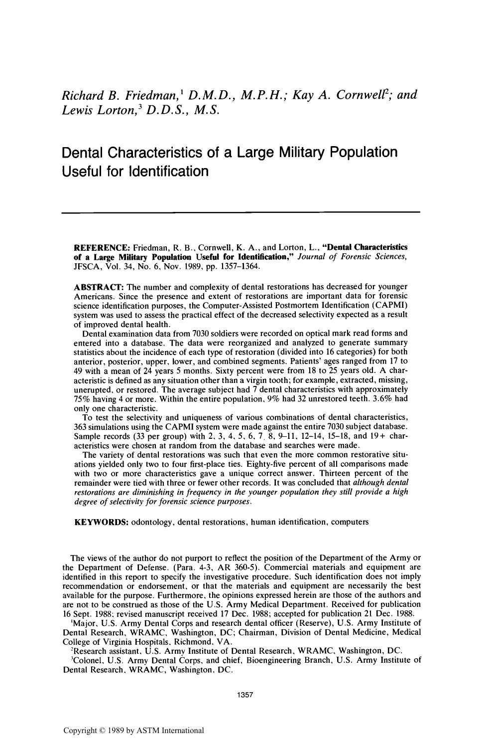 Dental Characteristics of a Large Military Population Useful for Identification by Friedman RB Cornwell KA Lorton L