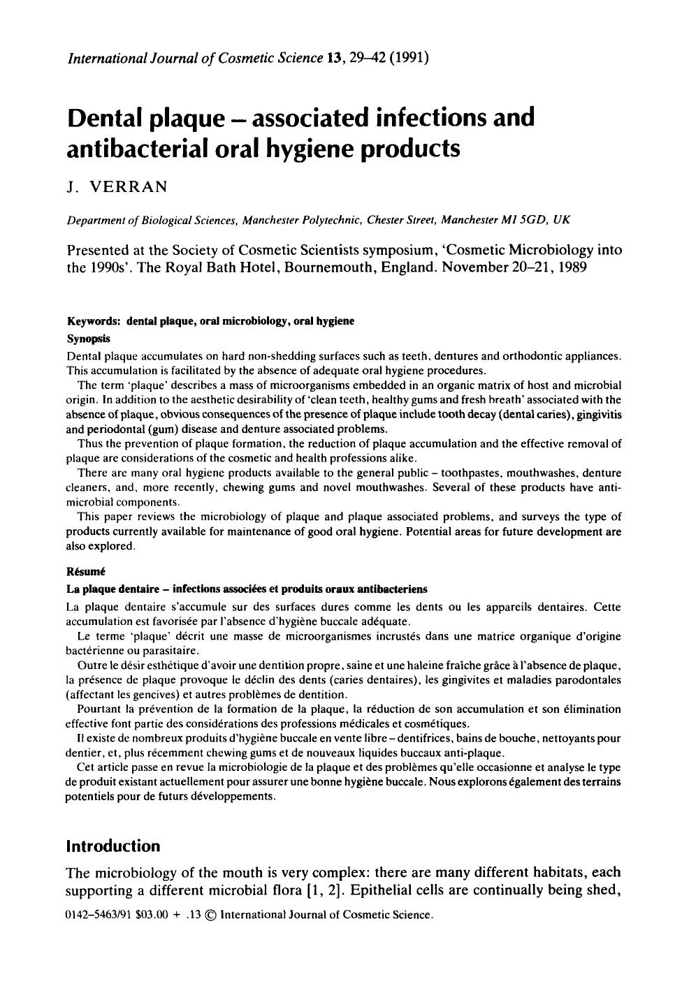 Dental plaque â associated infections and antibacterial oral hygiene products by Unknown