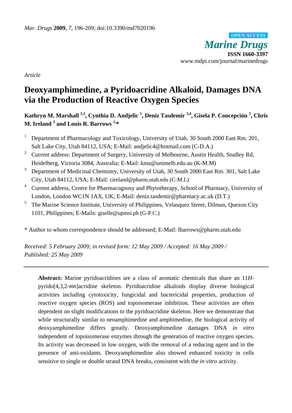 Deoxyamphimedine, a Pyridoacridine Alkaloid, Damages DNA via the Production of Reactive Oxygen Species by unknow