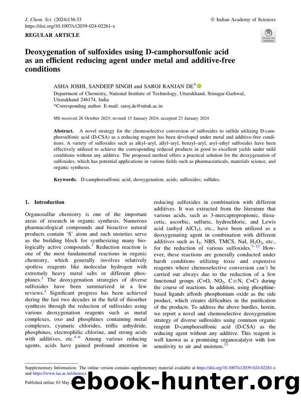 Deoxygenation of sulfoxides using D-camphorsulfonic acid as an efficient reducing agent under metal and additive-free conditions by Asha Joshi & Sandeep Singh & Saroj Ranjan De