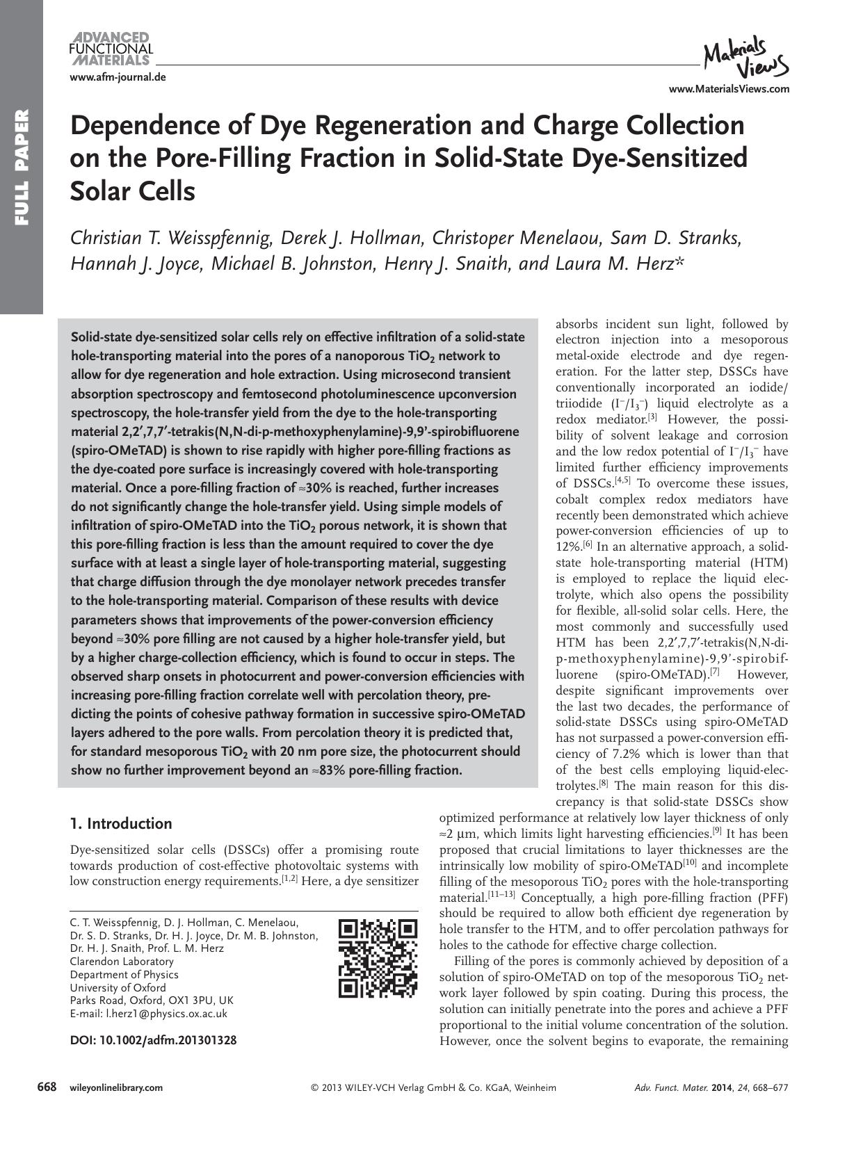 Dependence of Dye Regeneration and Charge Collection on the PoreFilling Fraction in SolidState DyeSensitized Solar Cells by s-w-270