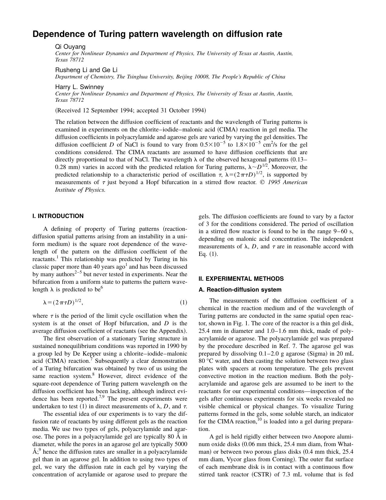 Dependence of Turing pattern wavelength on diffusion rate by Qi Ouyang & Rusheng Li and Ge Li & Harry L. Swinney