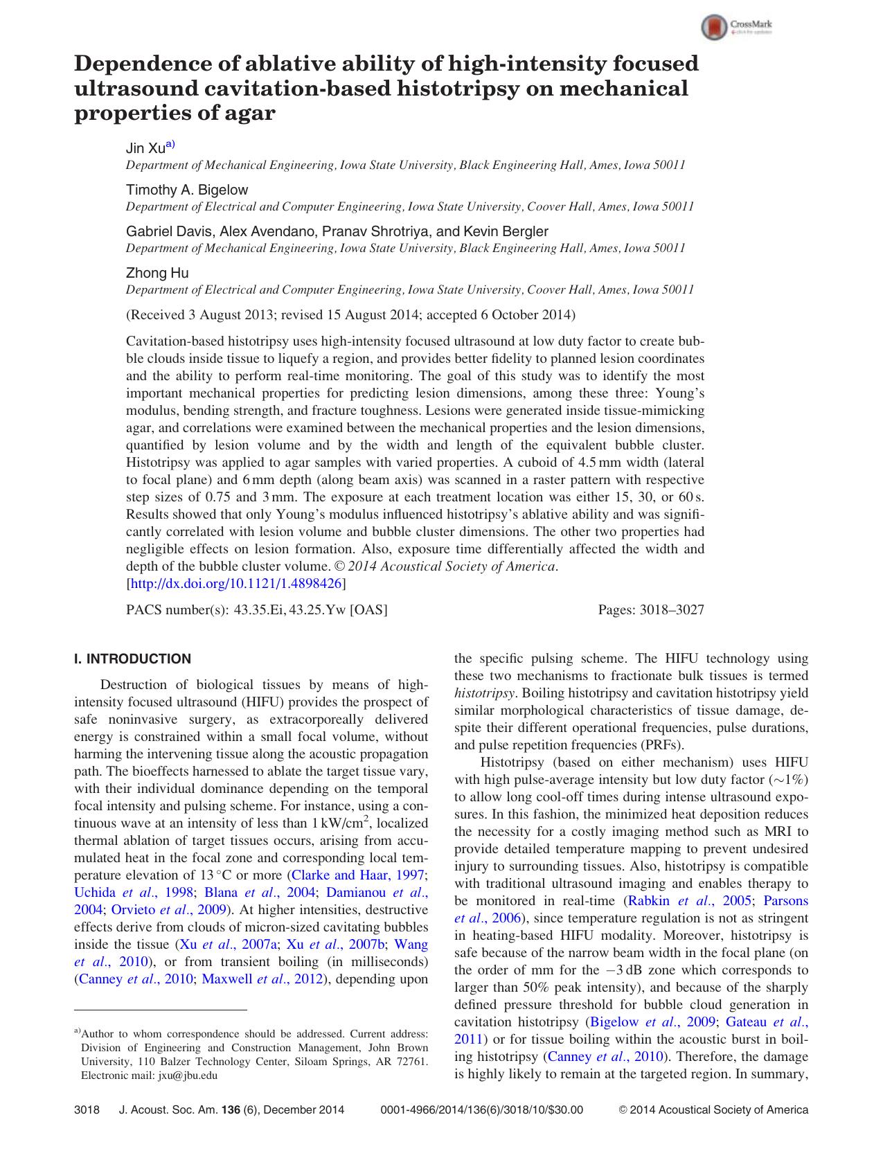 Dependence of ablative ability of high-intensity focused ultrasound cavitation-based histotripsy on mechanical properties of agar by unknow