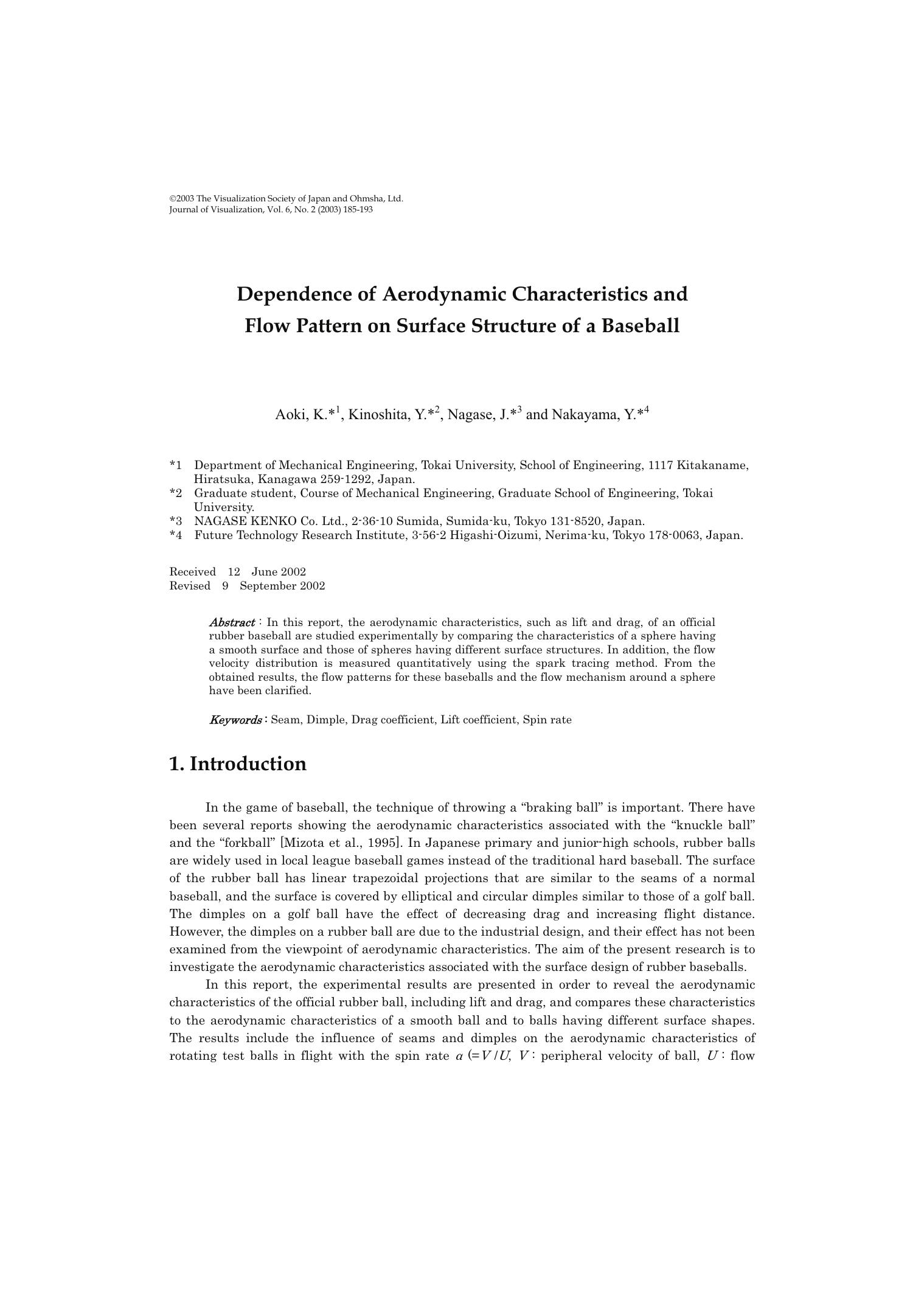 Dependence of aerodynamic characteristics and flow pattern on surface structure of a baseball by Unknown
