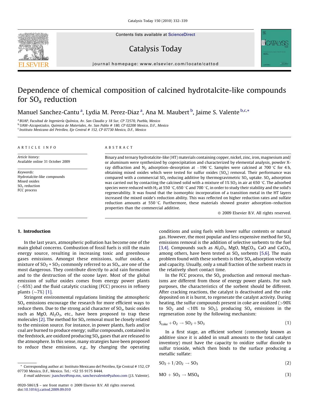 Dependence of chemical composition of calcined hydrotalcite-like compounds for SOx reduction by Manuel Sanchez-Cantu; Lydia M. Perez-Diaz; Ana M. Maubert; Jaime S. Valente