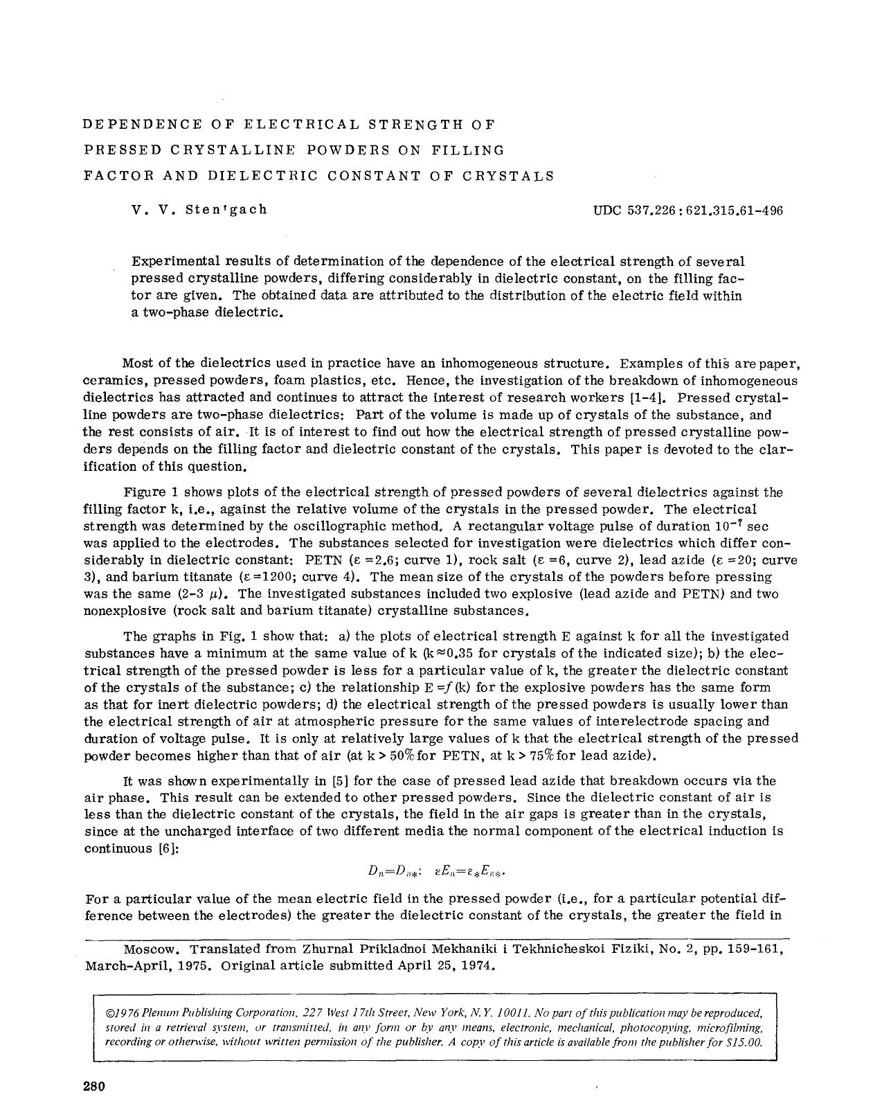 Dependence of electrical strength of pressed crystalline powders on filling factor and dielectric constant of crystals by Unknown