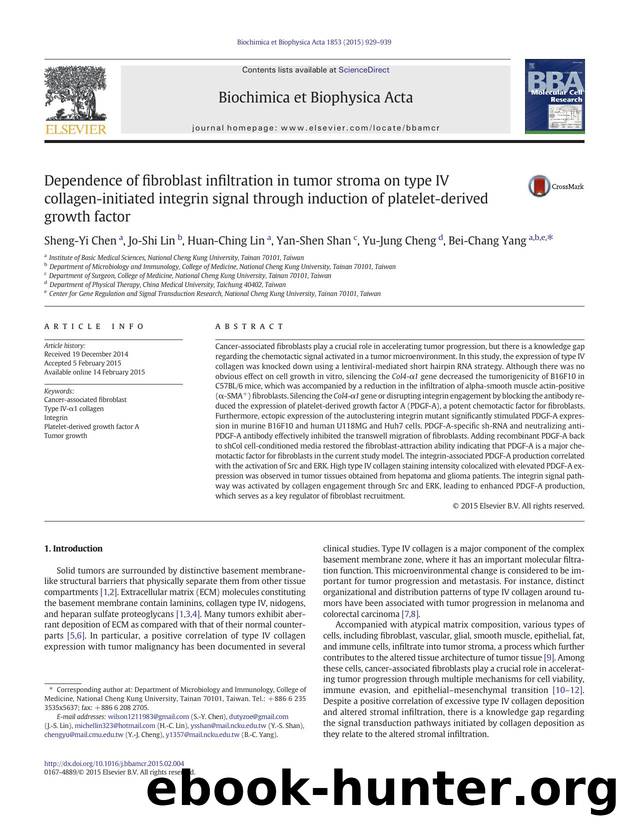 Dependence of fibroblast infiltration in tumor stroma on type IV collagen-initiated integrin signal through induction of platelet-derived growth factor by Sheng-Yi Chen & Jo-Shi Lin & Huan-Ching Lin & Yan-Shen Shan & Yu-Jung Cheng & Bei-Chang Yang