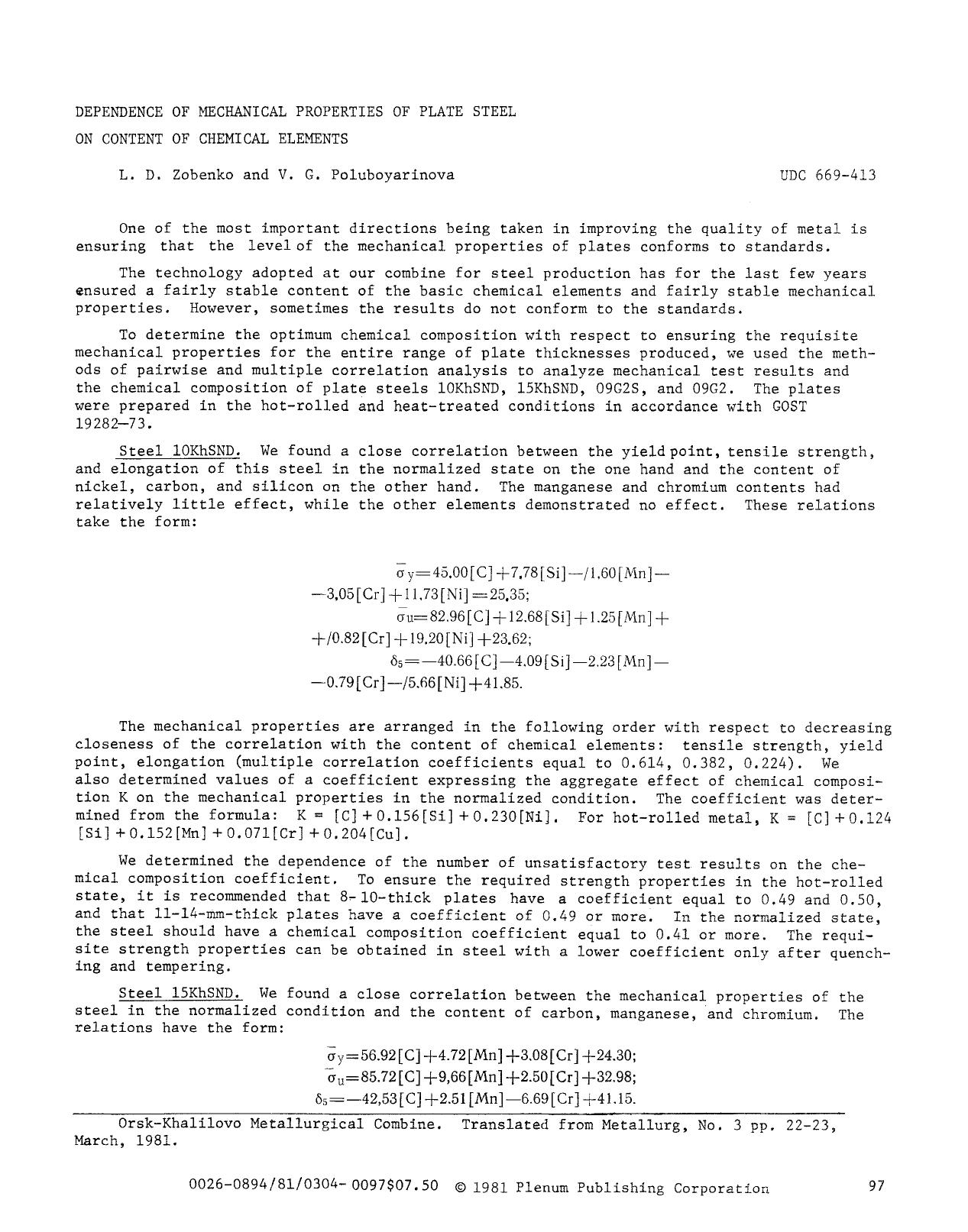 Dependence of mechanical properties of plate steel on content of chemical elements by Unknown