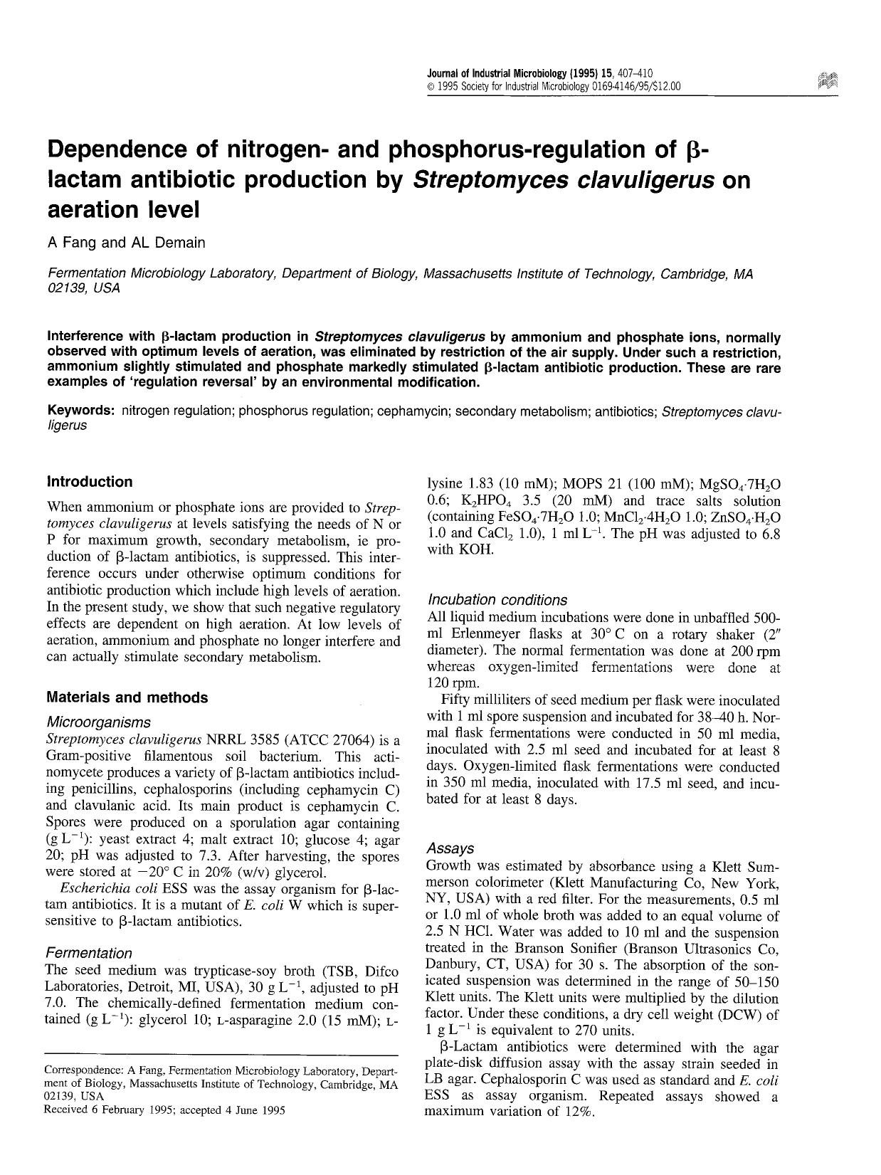 Dependence of nitrogen- and phosphorus-regulation of &#x03B2;-lactam antibiotic production by <Emphasis Type="Italic">Streptomyces clavuligerus <Emphasis> on aeration level by Unknown