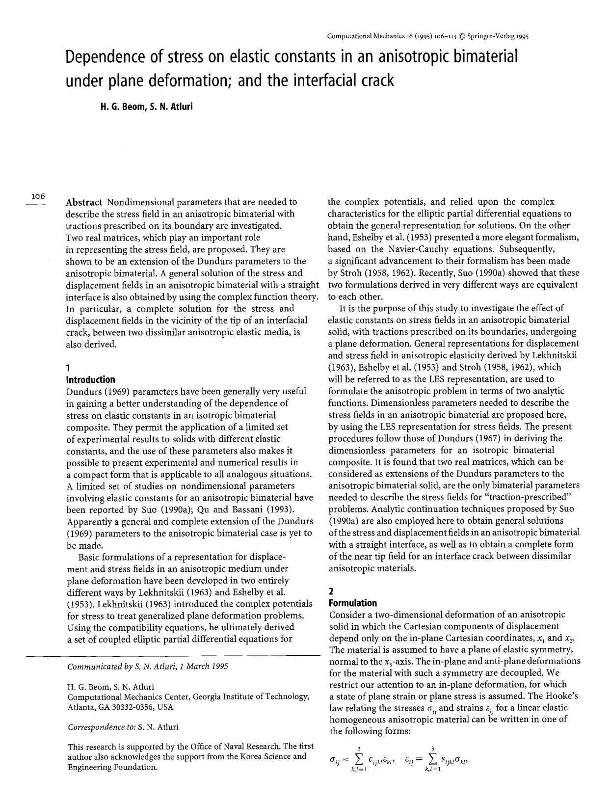 Dependence of stress on elastic constants in an anisotropic bimaterial under plane deformation; and the interfacial crack by Unknown